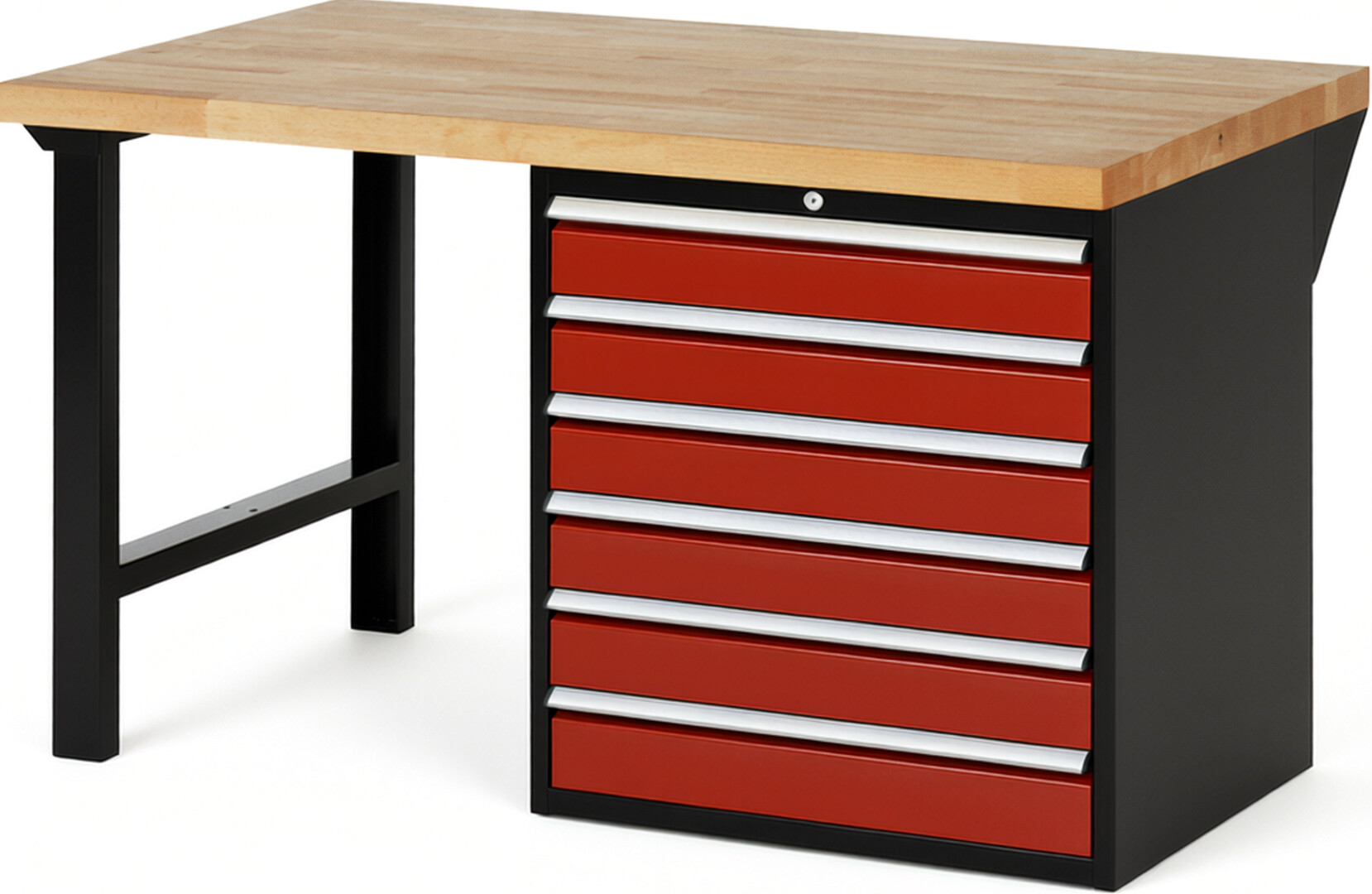 RAU Werkbank schwarz - rot - Breite 150 cm - Tiefe 90 cm - Höhe 89 cm - Buche-Massiv Arbeitsplatte 40 mm