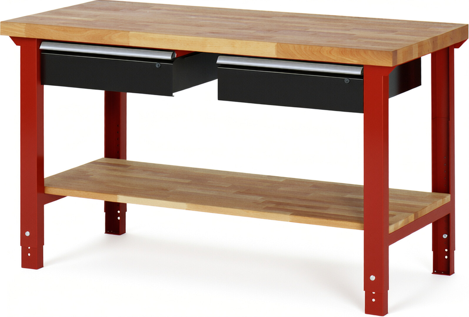 Werkbank Modell 7002 rot - schwarz, BxTxH 1500x700x790-1140 mm,  Buche-Massiv Arbeitsplatte 40 mm,  2 Schubladen mit  Auszug 90 %