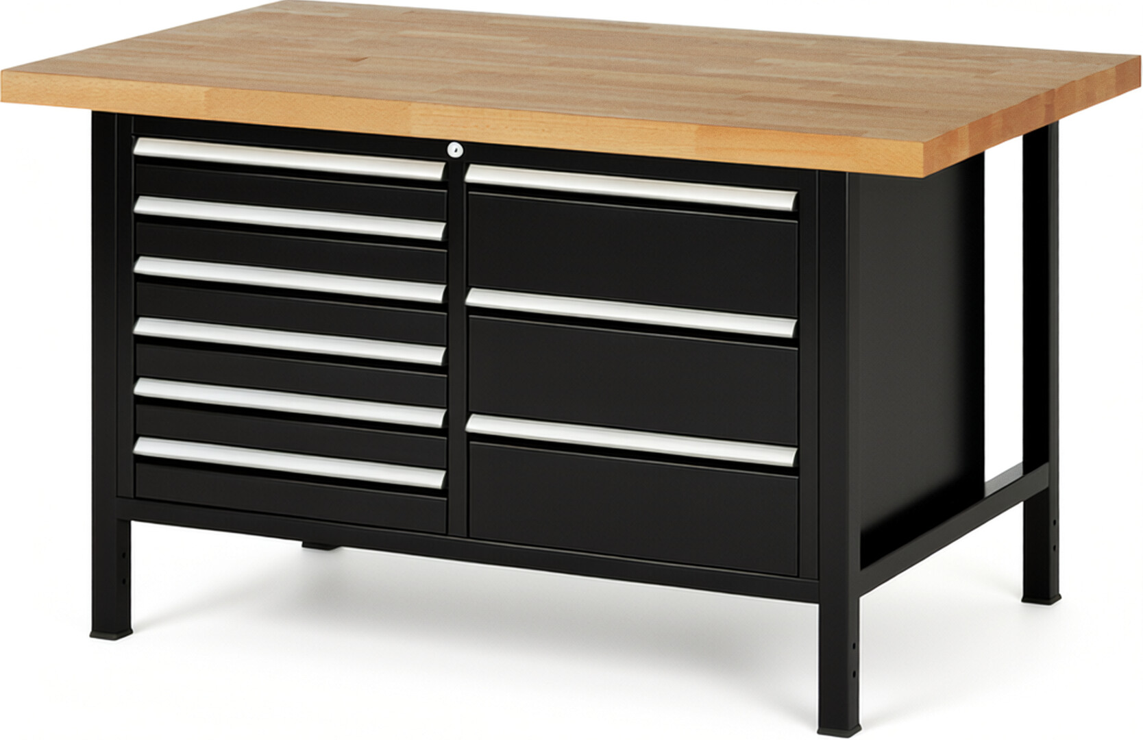 Werkbank Modell 8479 schwarz, BxTxH 1500x900x840-1040 mm,  Buche-Massiv Arbeitsplatte 40 mm,  9 Schubladen mit  Vollauszug 100 % und  SoftClosing