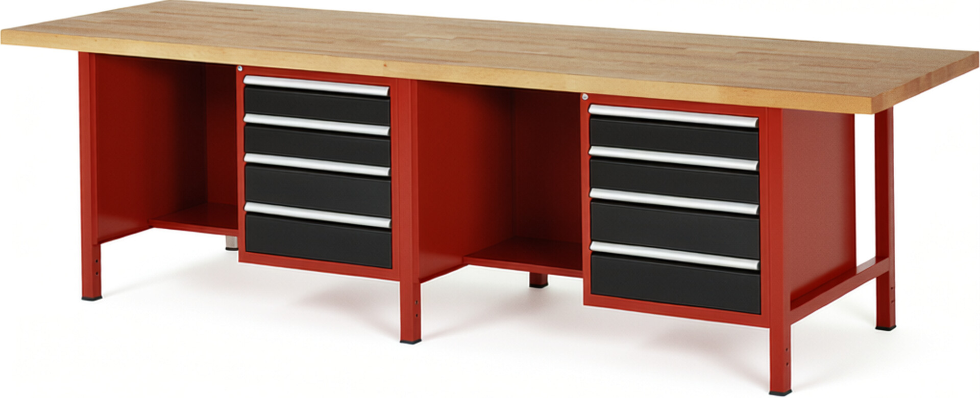 Werkbank Modell 8453 rot - schwarz, BxTxH 3000x900x840 mm,  Buche-Massiv Arbeitsplatte 40 mm,  8 Schubladen mit  Auszug 90 %