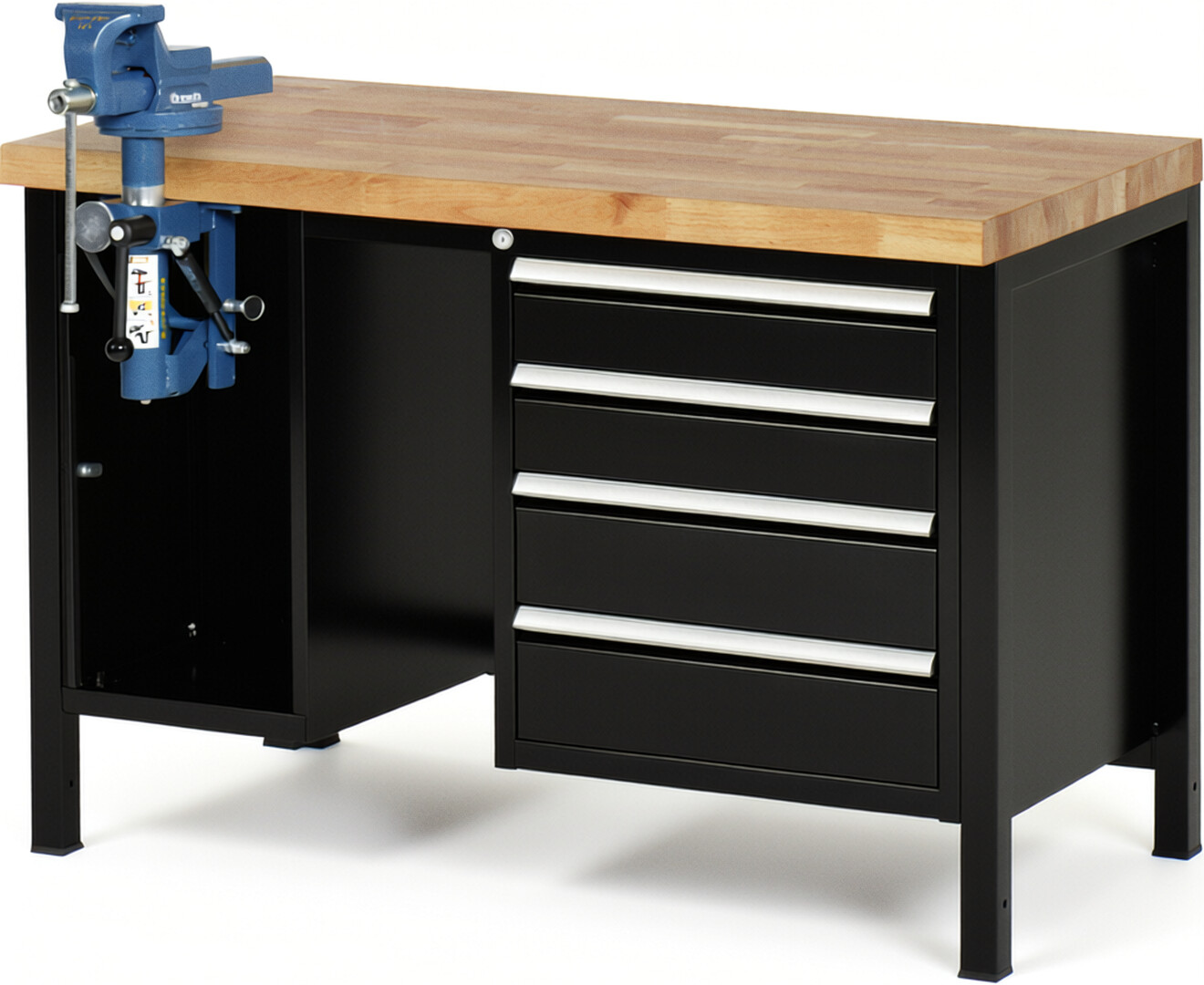 Werkbank Modell 8185 schwarz, BxTxH 1250x700x840-1040 mm,  Buche-Massiv Arbeitsplatte 40 mm,  4 Schubladen mit  Auszug 90 %