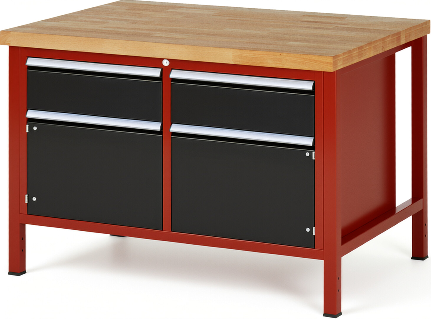 Werkbank Modell 8466 rot - schwarz, BxTxH 1250x900x840 mm,  Buche-Massiv Arbeitsplatte 40 mm,  2 Schubladen mit  Auszug 90 %