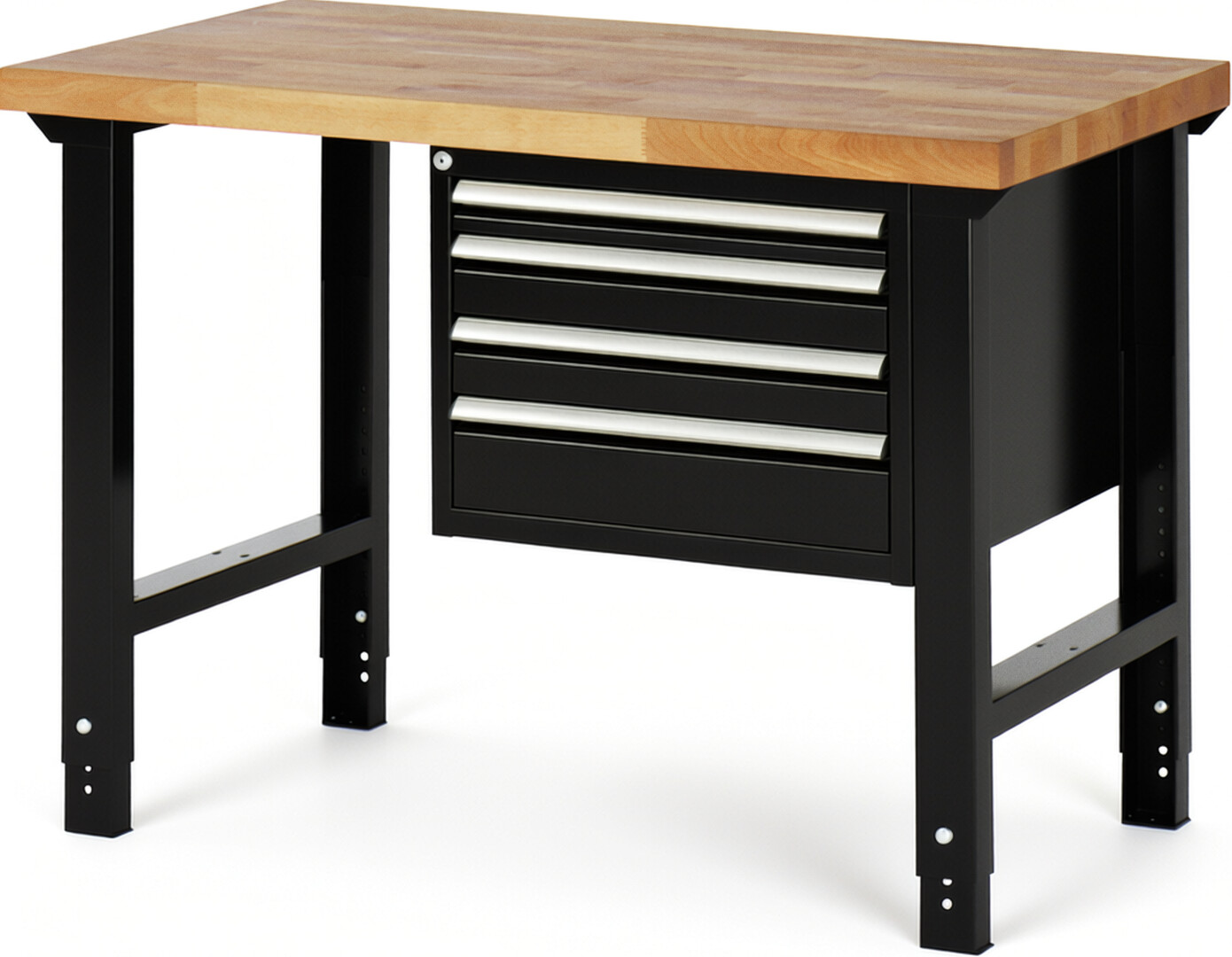 Werkbank Modell 7132 schwarz, BxTxH 1250x700x790-1140 mm,  Buche-Massiv Arbeitsplatte 40 mm,  4 Schubladen mit  Auszug 90 %
