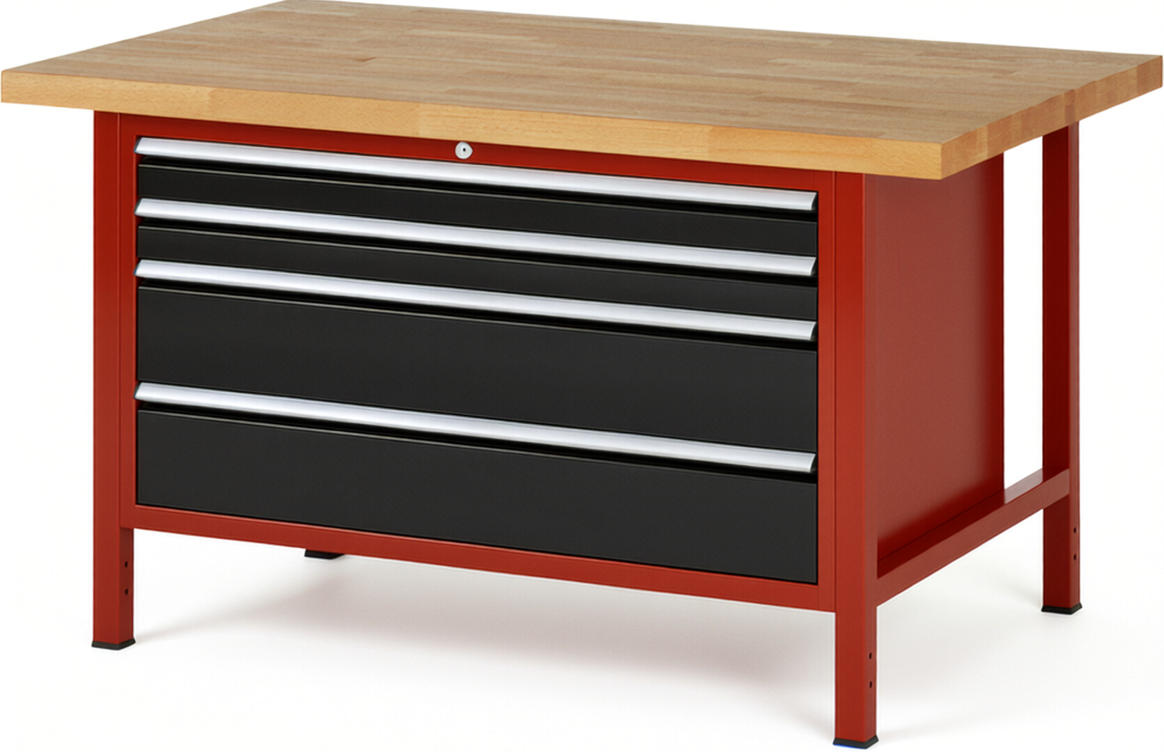Werkbank Modell 8361 rot - schwarz, BxTxH 1500x900x840 mm,  Buche-Massiv Arbeitsplatte 40 mm,  4 Schubladen mit  Auszug 90 %