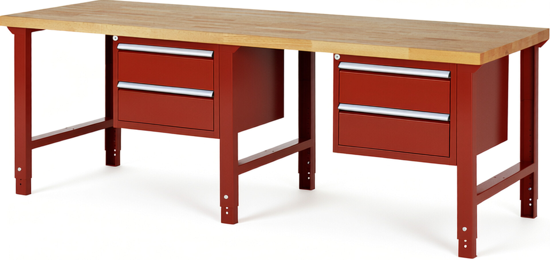 Werkbank Modell 7123 rot, BxTxH 2500x900x790-1140 mm,  Buche-Massiv Arbeitsplatte 40 mm,  4 Schubladen mit  Vollauszug 100 % und  SoftClosing