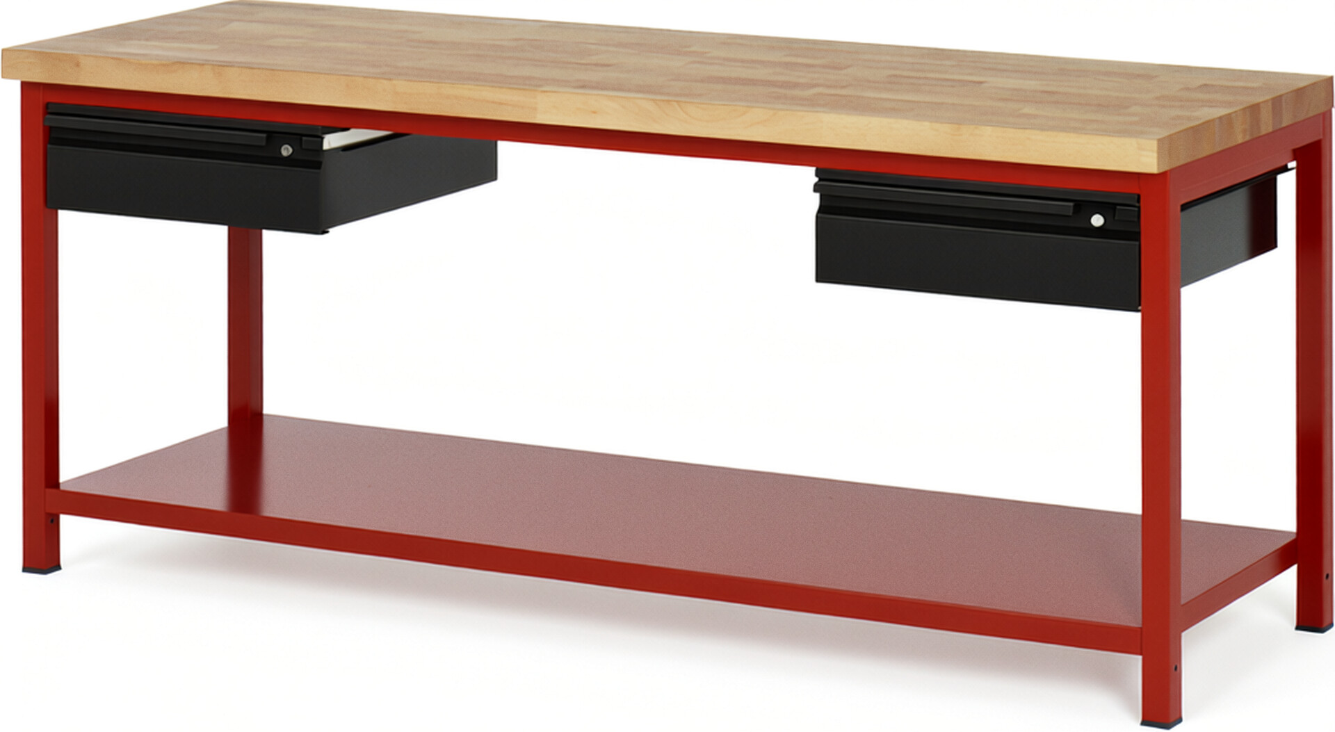 Werkbank - Modell 8002 BASIC rot - schwarz, BxTxH 2000x700x840-1040 mm,  Buche-Massiv Arbeitsplatte 40 mm,  2 Schubladen mit  Auszug 90 %