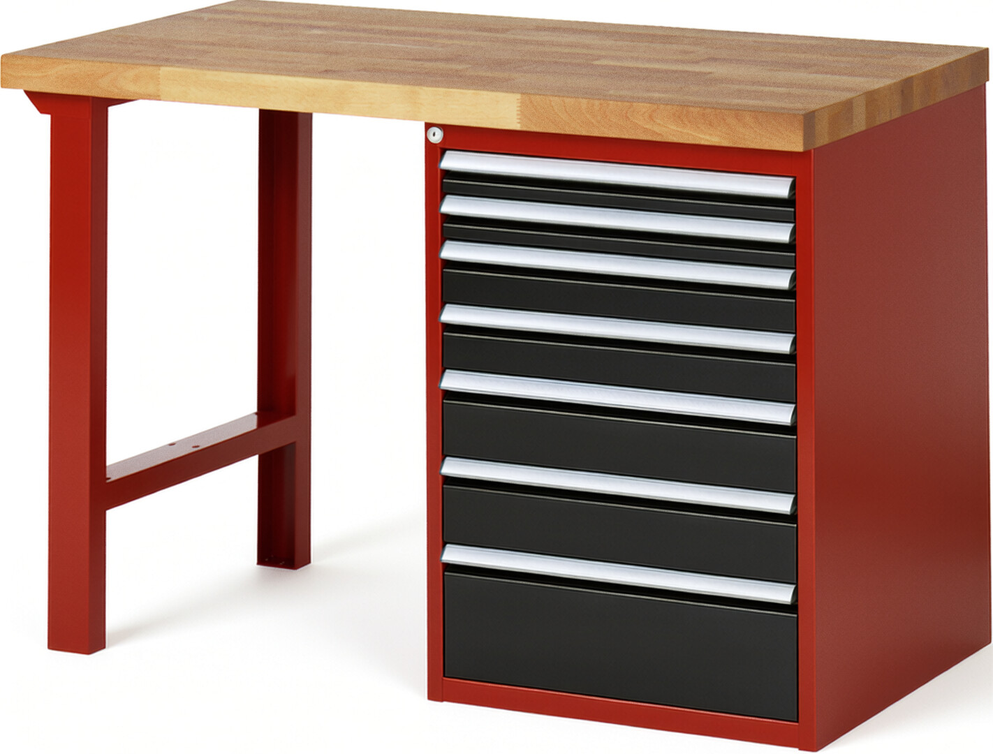 Werkbank Modell 7517 rot - schwarz, BxTxH 1250x700x890 mm,  Buche-Massiv Arbeitsplatte 40 mm,  7 Schubladen mit  Auszug 90 %