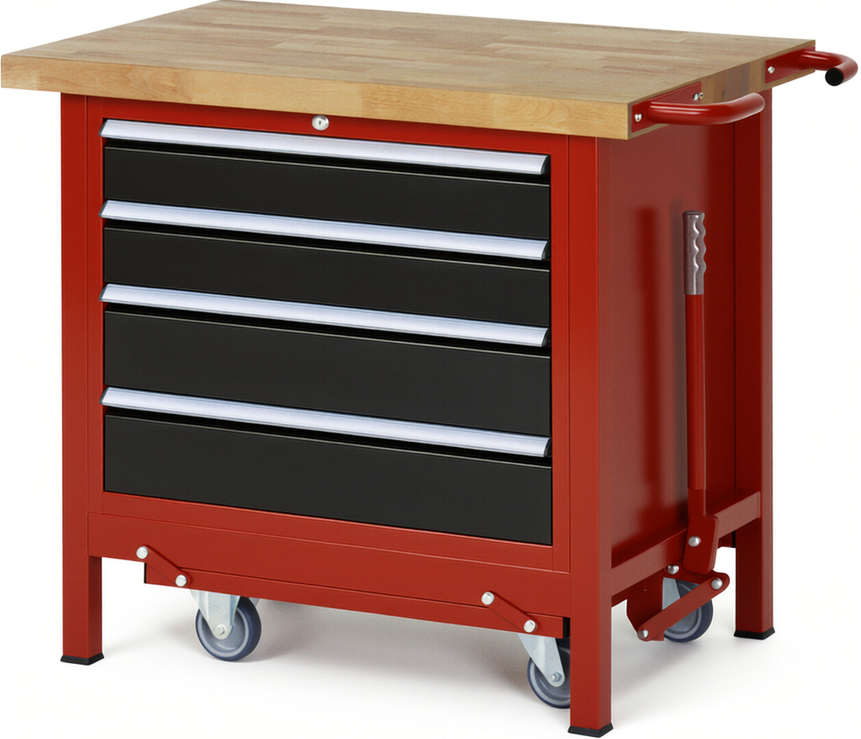 Absenkbare Werkbank Modell 8262 rot - schwarz, BxTxH 1000x700x880 mm,  Buche-Massiv Arbeitsplatte 40 mm,  4 Schubladen mit  Auszug 90 %