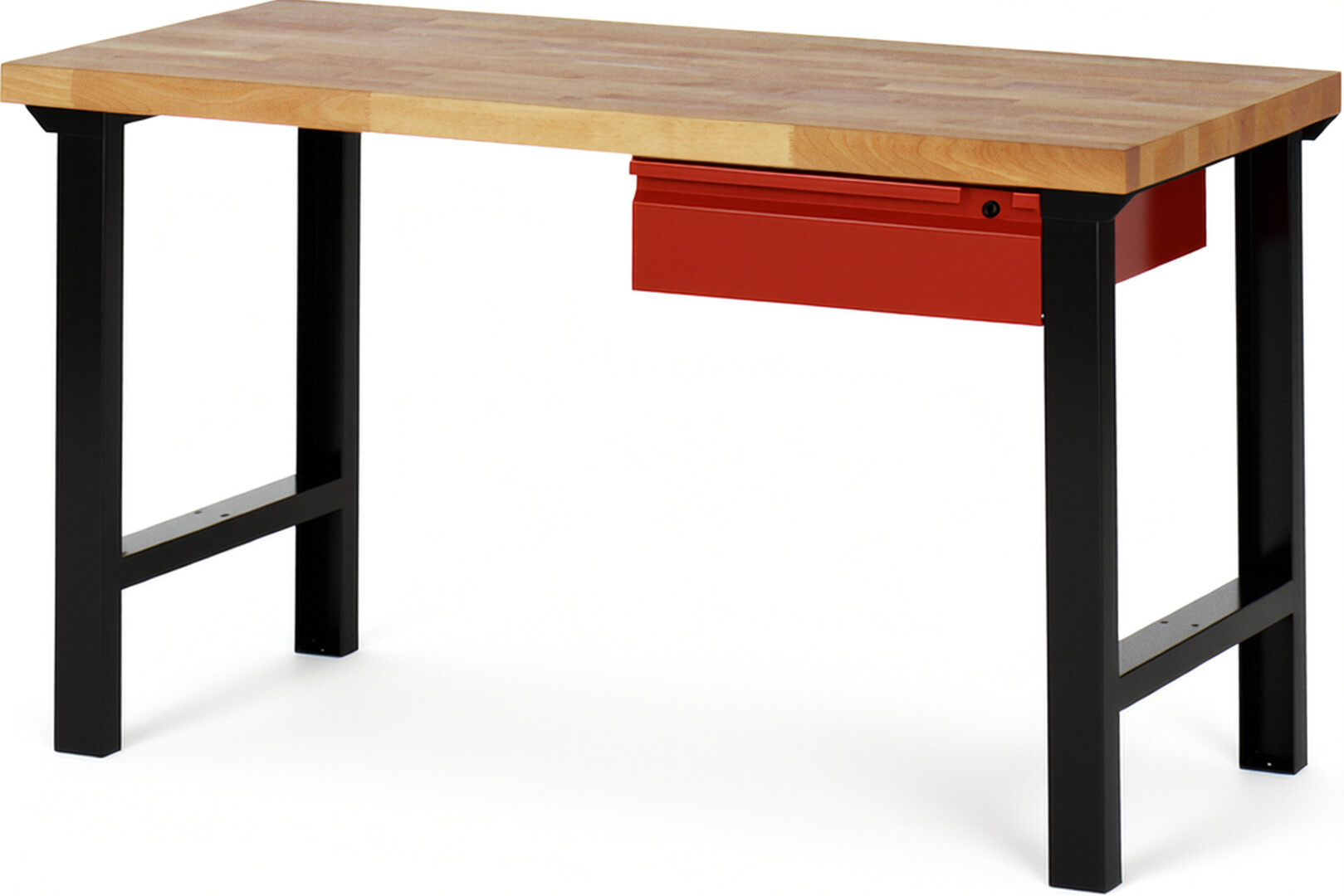 Werkbank schwarz-rot, BxTxH 1500x700x840 mm, Platte Buche 40 mm, 1 Hängeschublade 150 mm, RAL 9011/3000
