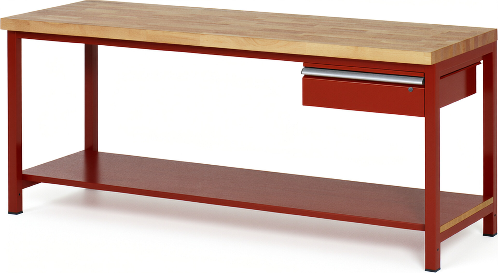 Werkbank Modell 8001 rot, BxTxH 2000x700x840-1040 mm,  Buche-Massiv Arbeitsplatte 40 mm,  1 Schublade mit  Auszug 90 %