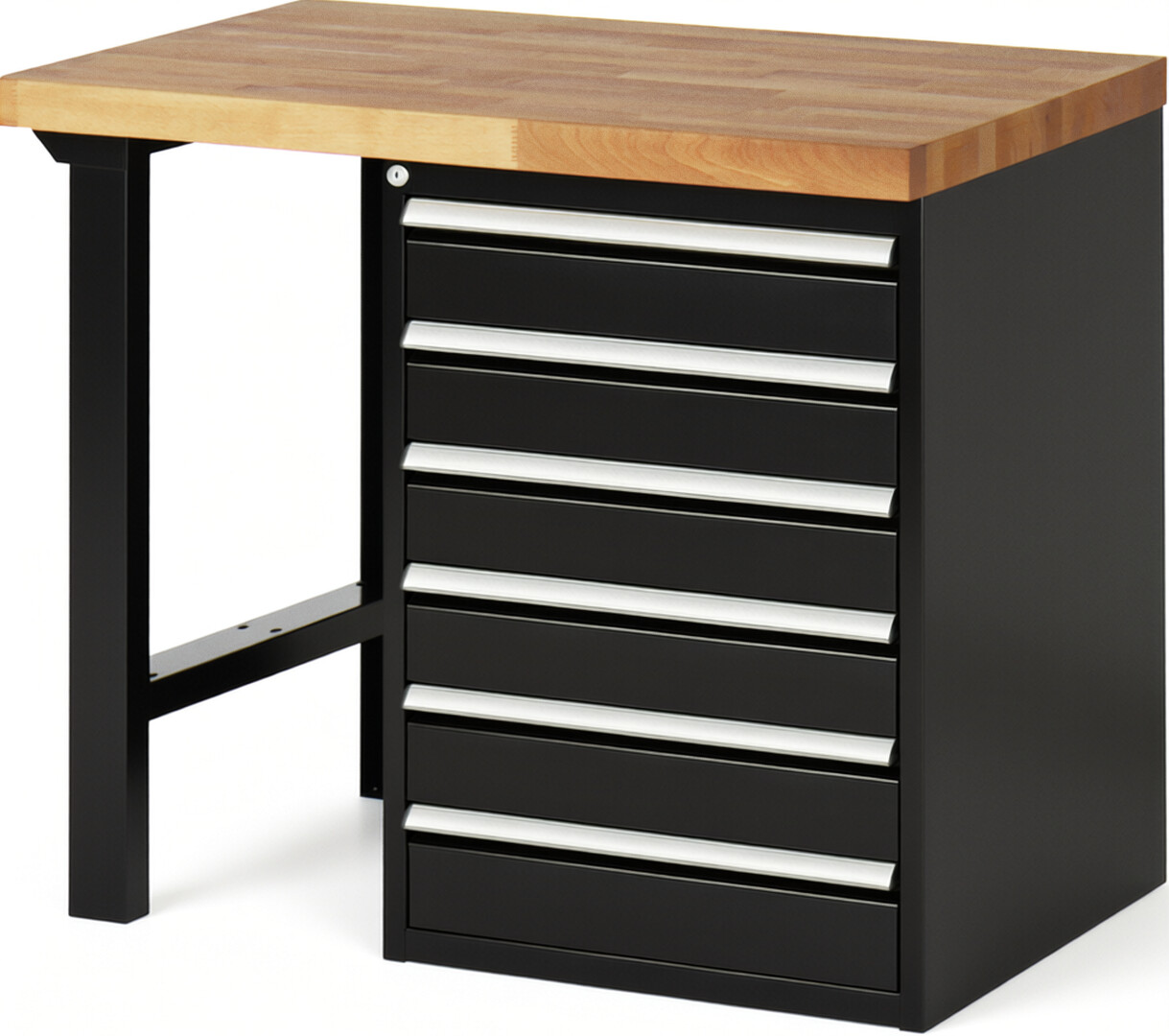 Werkbank Modell 7516 schwarz, BxTxH 1000x700x890 mm,  Buche-Massiv Arbeitsplatte 40 mm,  6 Schubladen mit  Auszug 90 %