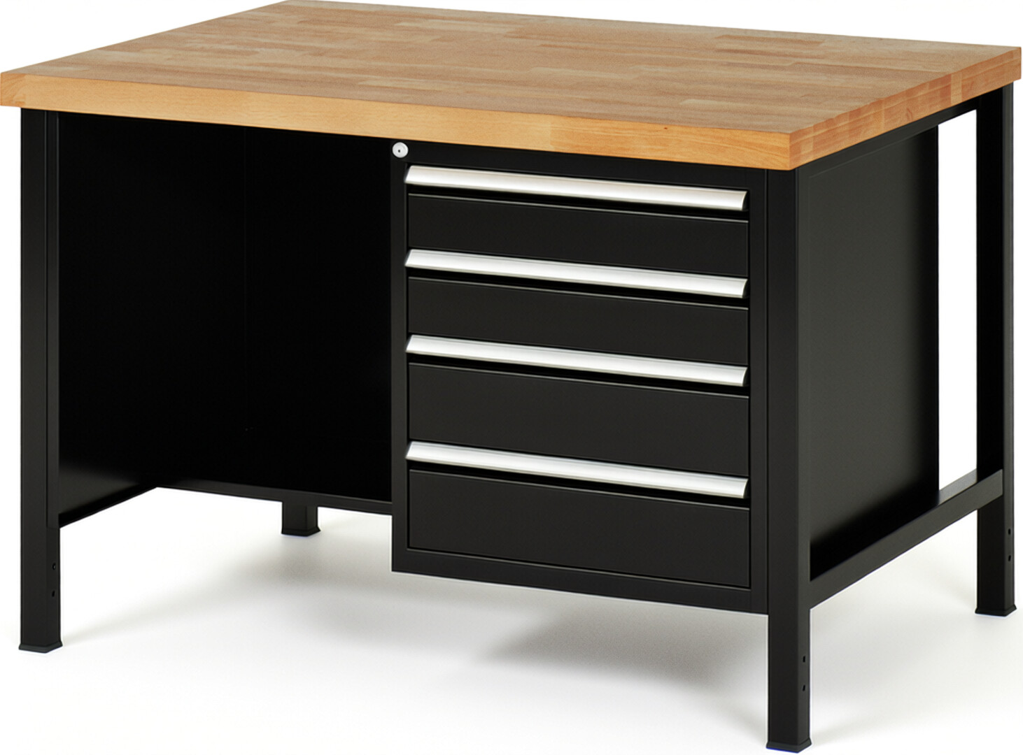 Werkbank Modell 8453 schwarz, BxTxH 1250x900x840 mm,  Buche-Massiv Arbeitsplatte 40 mm,  4 Schubladen mit  Auszug 90 %