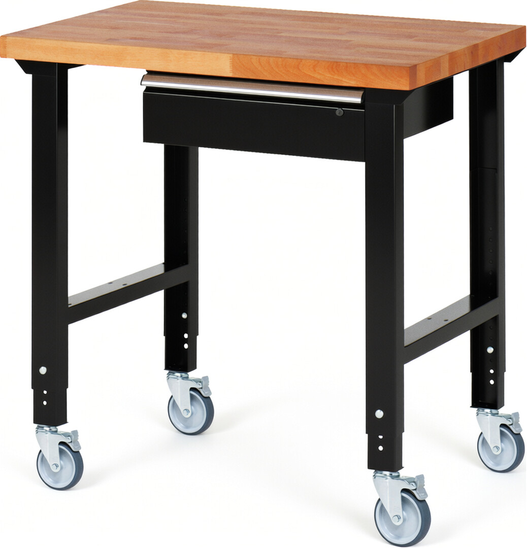Fahrbare Werkbank Modell 7001 schwarz, BxTxH 1000x700x950-1000 mm,  Buche-Massiv Arbeitsplatte 40 mm,  1 Schublade mit  Auszug 90 %
