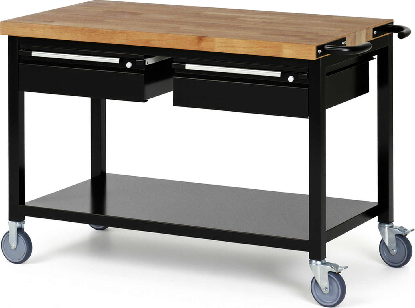 Fahrbare Werkbank - Modell 8002 BASIC schwarz, BxTxH 1250x700x880 mm,  Buche-Massiv Arbeitsplatte 40 mm,  2 Schubladen mit  Auszug 90 %