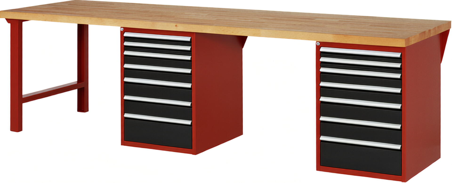 Werkbank Modell 7517 rot - schwarz, BxTxH 3000x900x840 mm,  Buche-Massiv Arbeitsplatte 40 mm,  14 Schubladen mit  Vollauszug 100 % und  SoftClosing