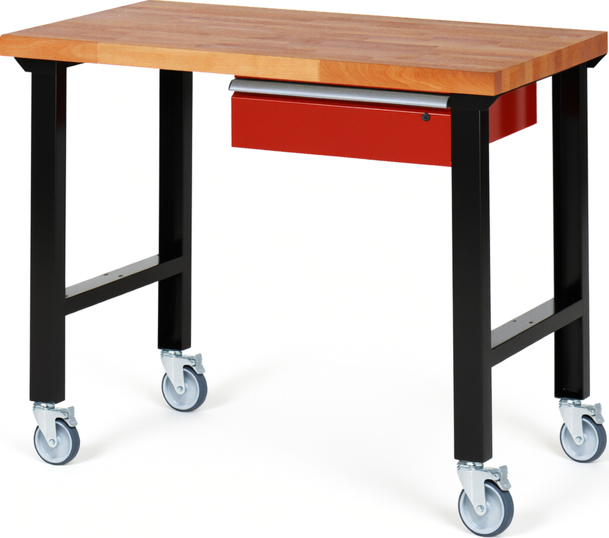 RAU Werkbank schwarz - rot - Breite 125 cm - Tiefe 70 cm - Höhe 100 cm - Buche-Massiv Arbeitsplatte 40 mm