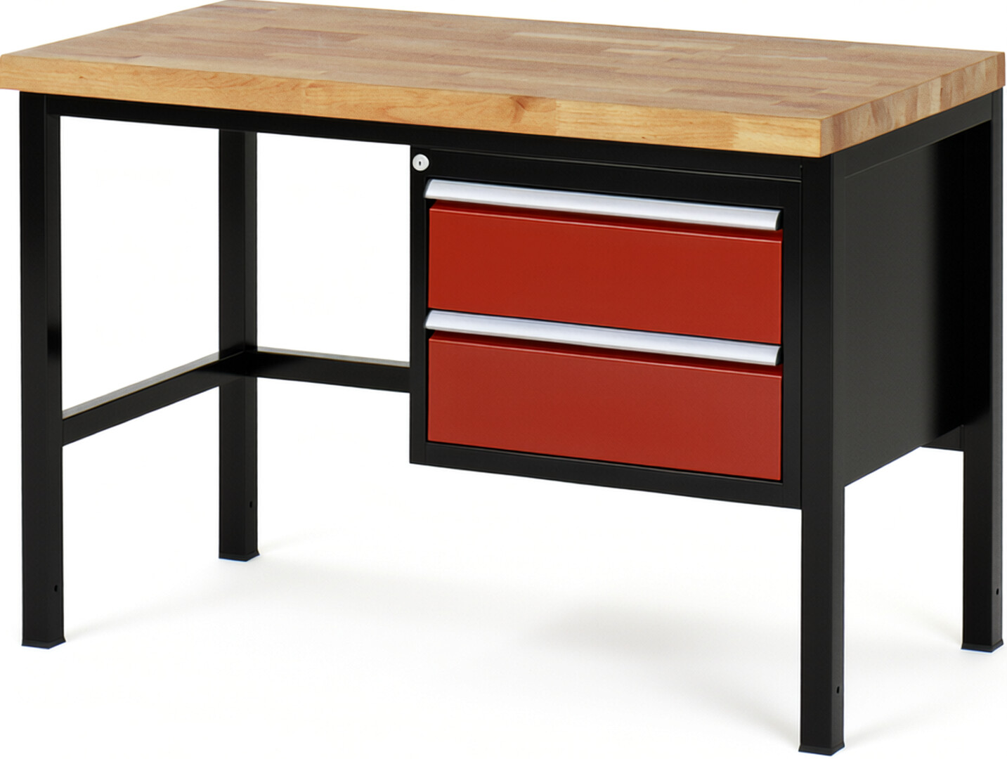 RAU Werkbank schwarz - rot - Breite 125 cm - Tiefe 70 cm - Höhe 104 cm - Buche-Massiv Arbeitsplatte 40 mm