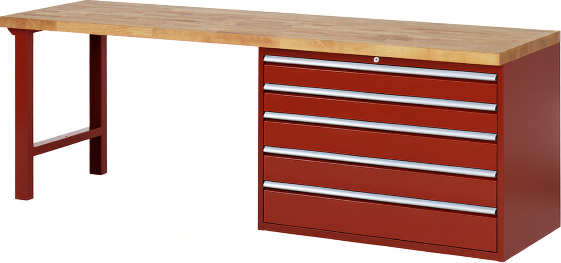Werkbank Modell 7713 rot, BxTxH 2500x700x840 mm,  Buche-Massiv Arbeitsplatte 40 mm,  5 Schubladen mit  Vollauszug 100 % und  SoftClosing