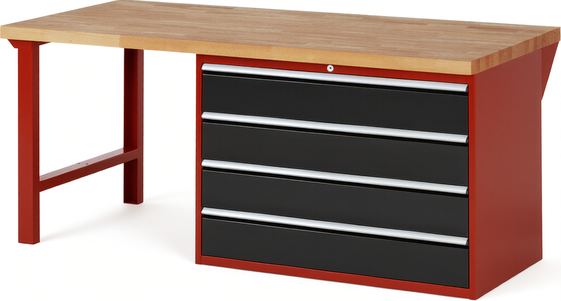 Werkbank Modell 7709 rot - schwarz, BxTxH 2000x900x890 mm,  Buche-Massiv Arbeitsplatte 40 mm,  4 Schubladen mit  Auszug 90 %