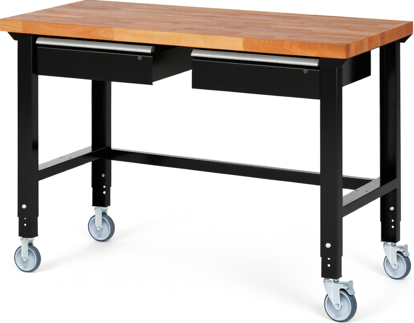 Fahrbare Werkbank Modell 7002 schwarz, BxTxH 1500x700x950-1000 mm,  Buche-Massiv Arbeitsplatte 40 mm,  2 Schubladen mit  Auszug 90 %