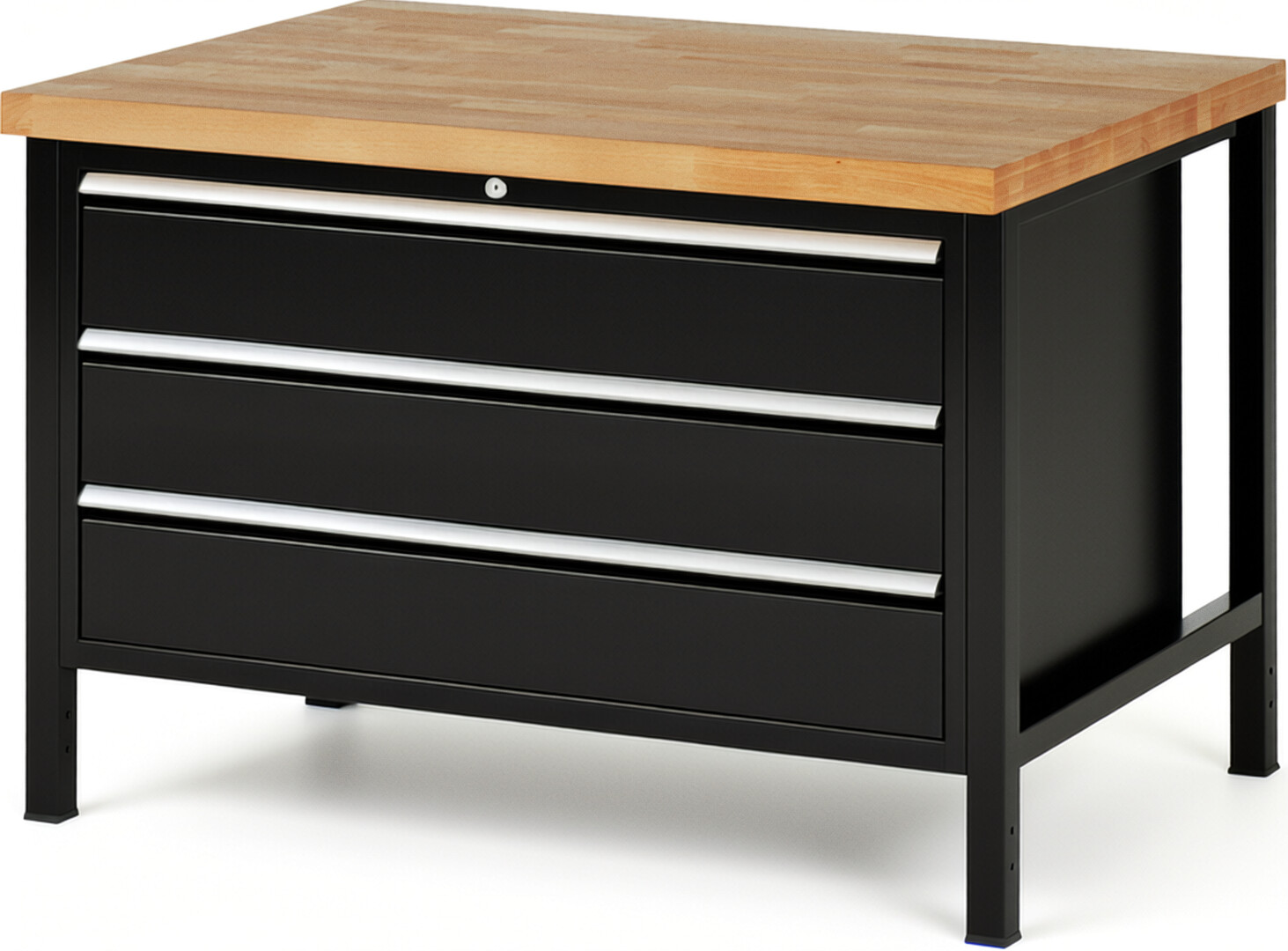 Werkbank Modell 8357 schwarz, BxTxH 1250x900x840 mm,  Buche-Massiv Arbeitsplatte 40 mm,  3 Schubladen mit  Vollauszug 100 % und  SoftClosing