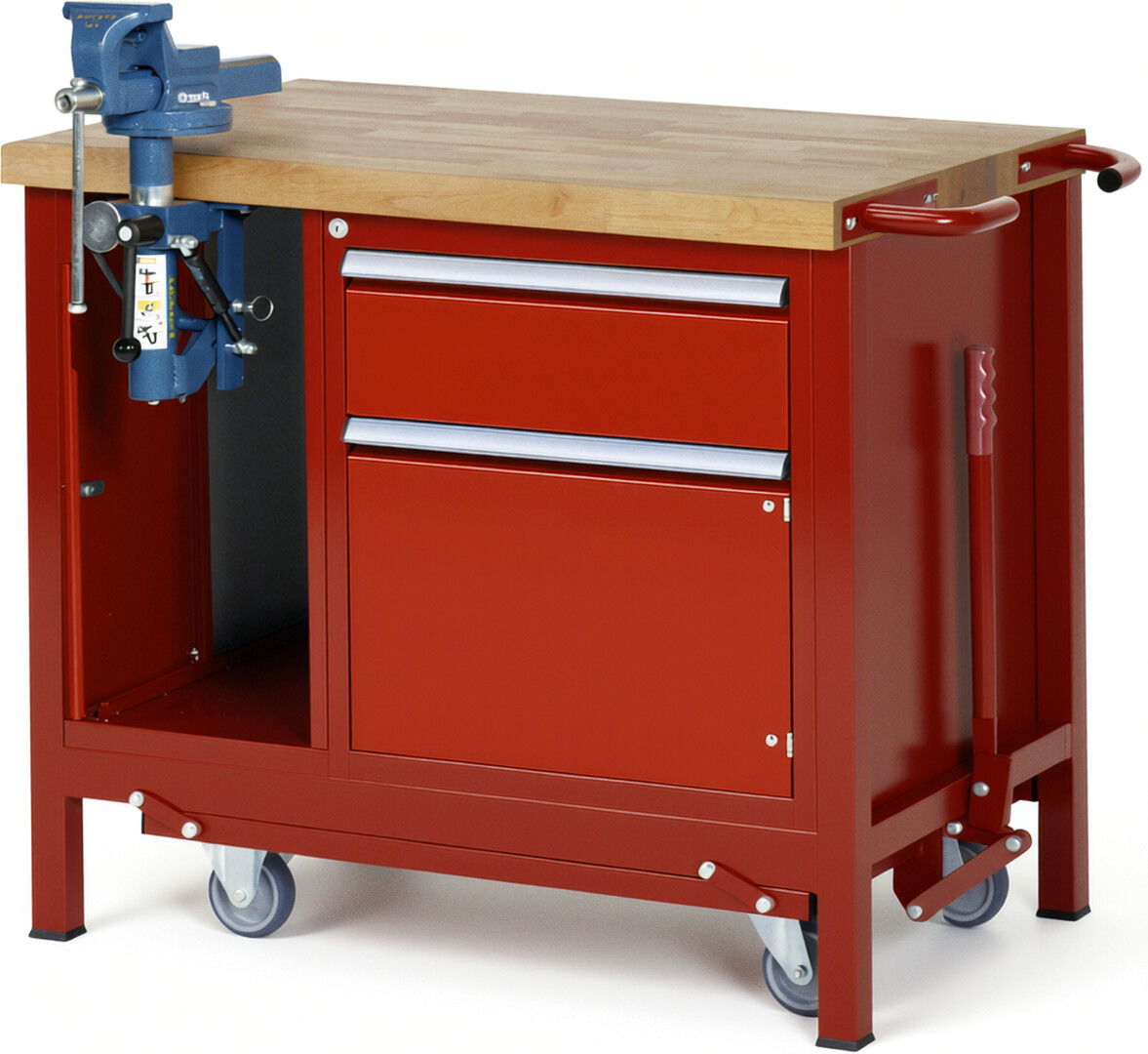Absenkbare Werkbank Modell 8181 rot, BxTxH 1000x700x880 mm,  Buche-Massiv Arbeitsplatte 40 mm,  1 Schublade mit  Auszug 90 %