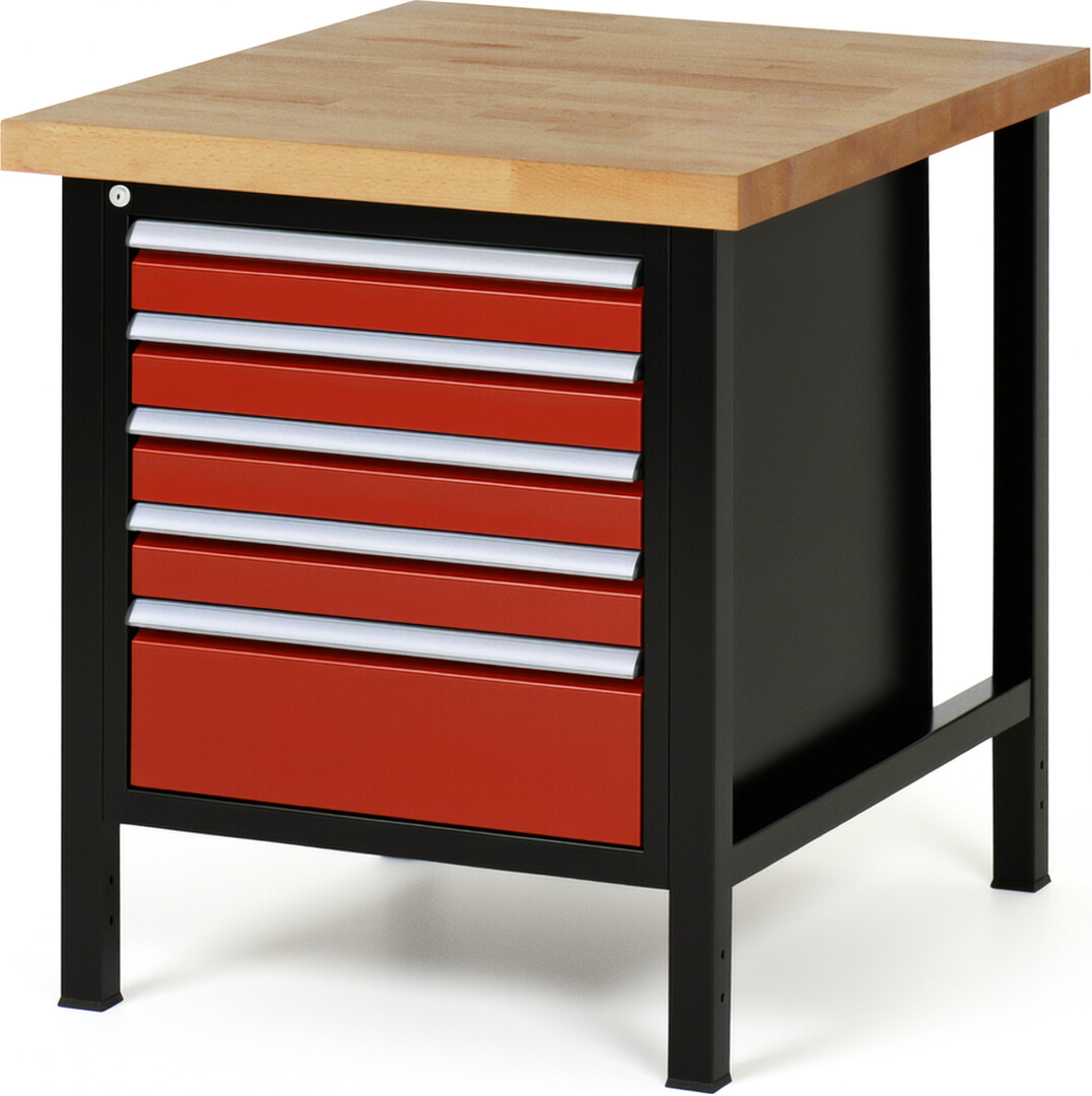 RAU Werkbank schwarz - rot - Breite 75 cm - Tiefe 90 cm - Höhe 104 cm - Buche-Massiv Arbeitsplatte 40 mm
