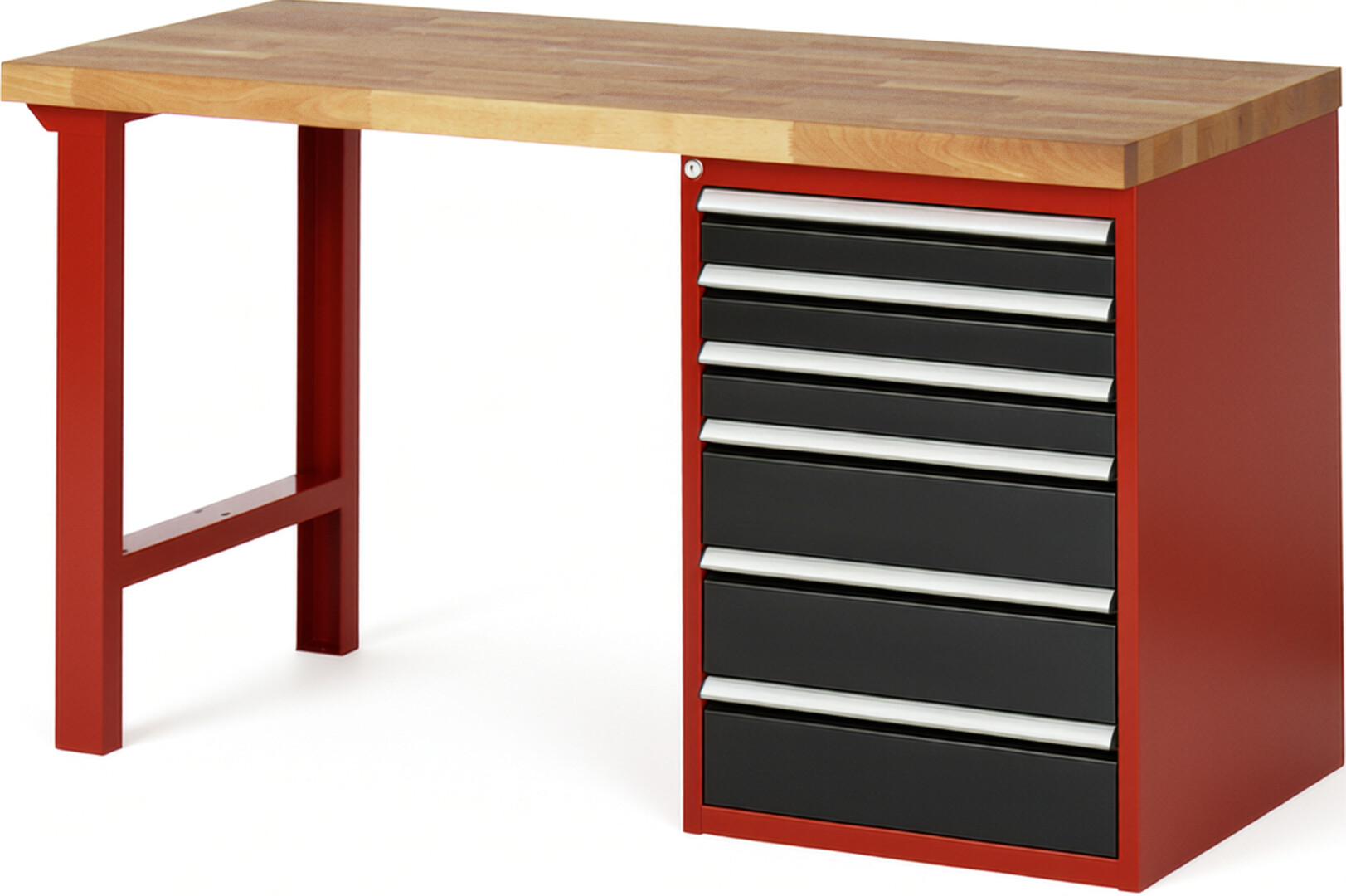 Werkbank Modell 7515 rot - schwarz, BxTxH 1500x700x890 mm,  Buche-Massiv Arbeitsplatte 40 mm,  6 Schubladen mit  Auszug 90 %