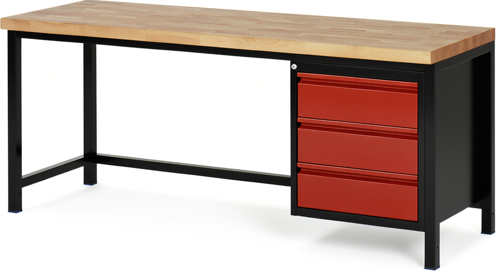 Werkbank schwarz - rot, Breite 200 cm, Tiefe 70 cm, Höhe 84 cm, 3 Schublade(n), Platte: Buche-Massiv-Arbeitsplatte