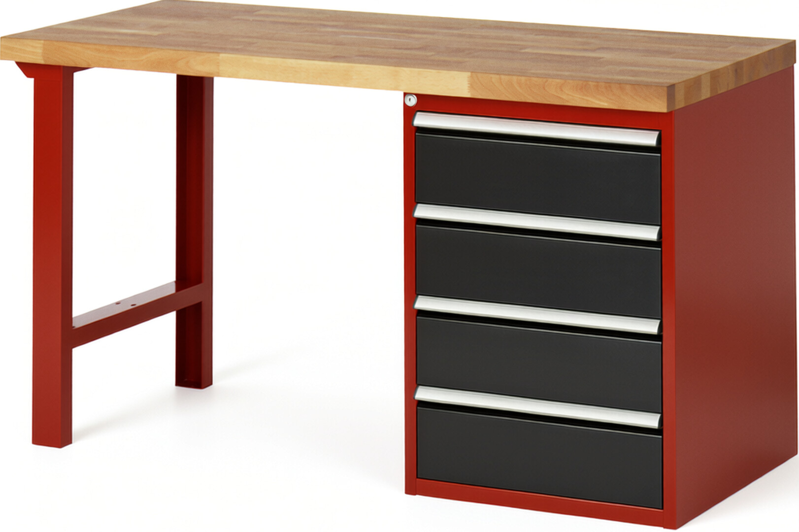 Werkbank Modell 7509 rot - schwarz, BxTxH 1500x700x890 mm,  Buche-Massiv Arbeitsplatte 40 mm,  4 Schubladen mit  Vollauszug 100 % und  SoftClosing