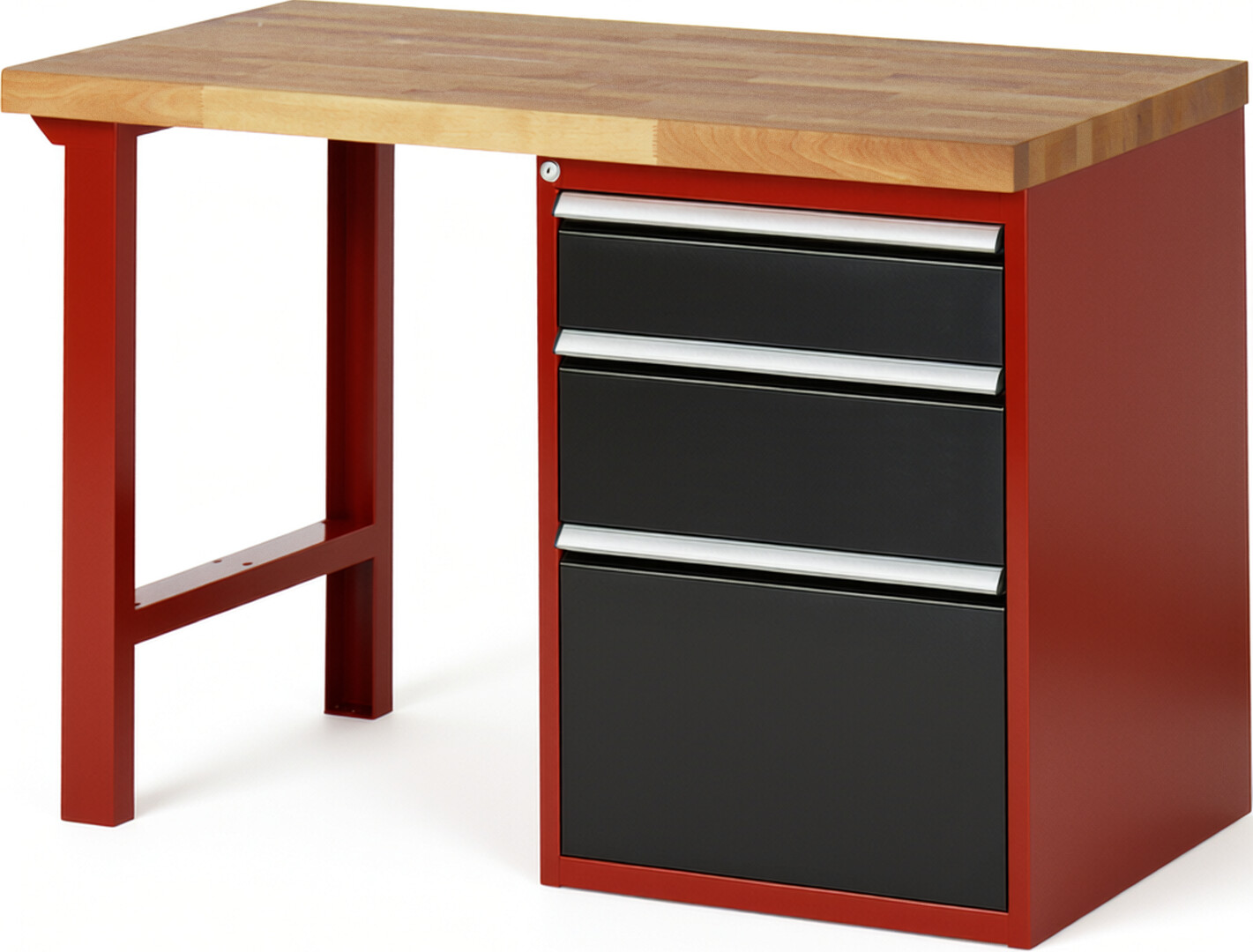 Werkbank Modell 7508 rot - schwarz, BxTxH 1250x700x890 mm,  Buche-Massiv Arbeitsplatte 40 mm,  3 Schubladen mit  Vollauszug 100 % und  SoftClosing