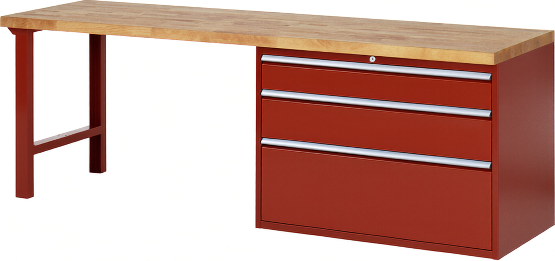 Werkbank Modell 7708 rot, BxTxH 2500x700x840 mm,  Buche-Massiv Arbeitsplatte 40 mm,  3 Schubladen mit  Vollauszug 100 % und  SoftClosing