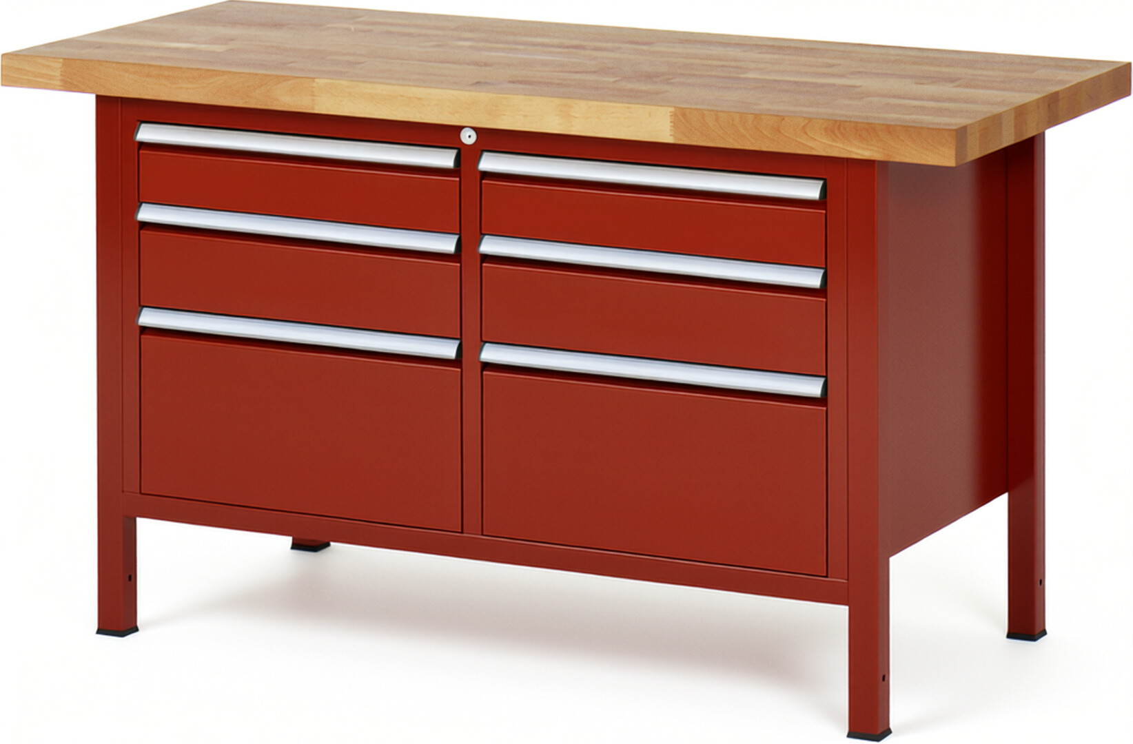Werkbank Modell 8475 rot, BxTxH 1500x700x840-1040 mm,  Buche-Massiv Arbeitsplatte 40 mm,  6 Schubladen mit  Auszug 90 %
