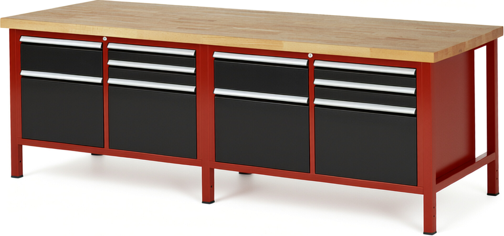 Werkbank Modell 8472 rot - schwarz, BxTxH 2500x900x840-1040 mm,  Buche-Massiv Arbeitsplatte 40 mm,  10 Schubladen mit  Auszug 90 %