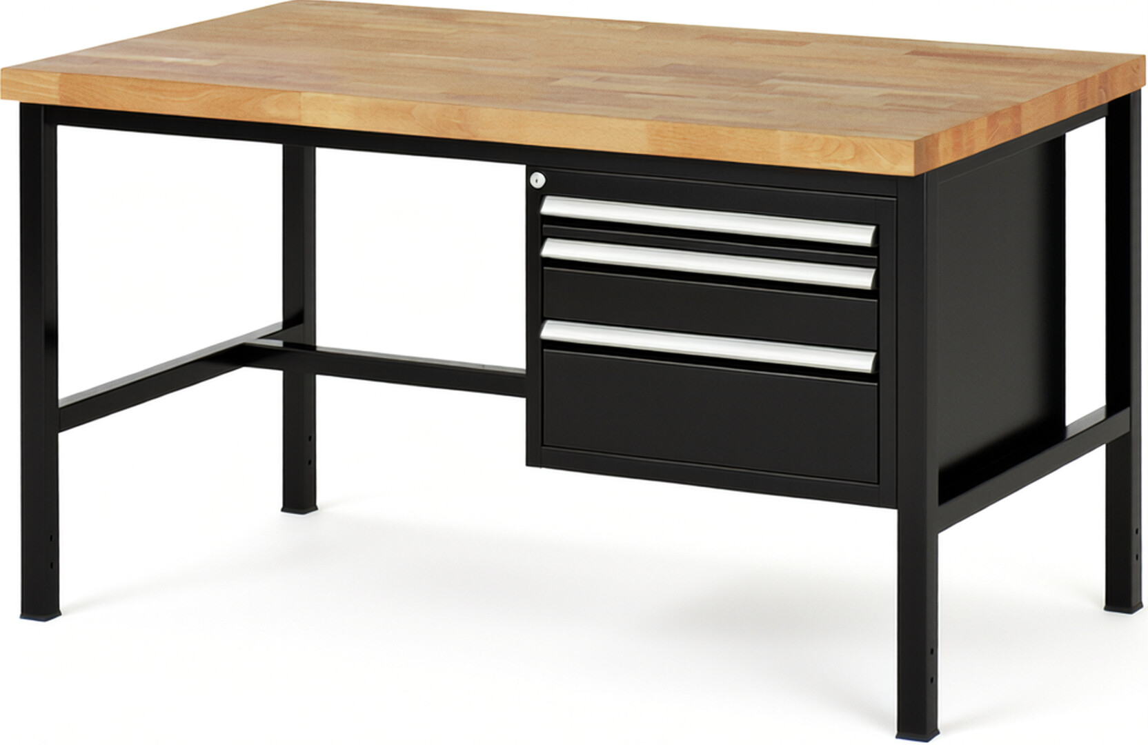 Werkbank Modell 8126 schwarz, BxTxH 1500x900x840-1040 mm,  Buche-Massiv Arbeitsplatte 40 mm,  3 Schubladen mit  Vollauszug 100 % und  SoftClosing