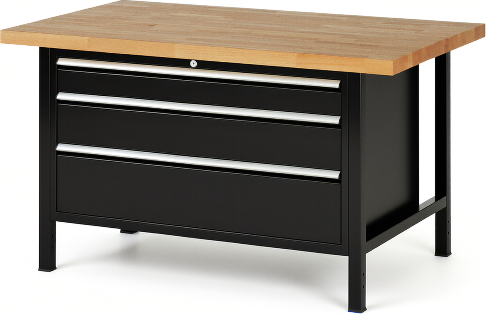 Werkbank Modell 8359 schwarz, BxTxH 1500x900x840-1040 mm,  Buche-Massiv Arbeitsplatte 40 mm,  3 Schubladen mit  Auszug 90 %