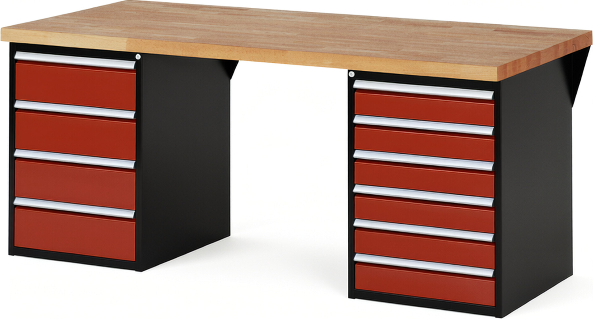 RAU Werkbank schwarz - rot - Breite 200 cm - Tiefe 90 cm - Höhe 89 cm - Buche-Massiv Arbeitsplatte 40 mm