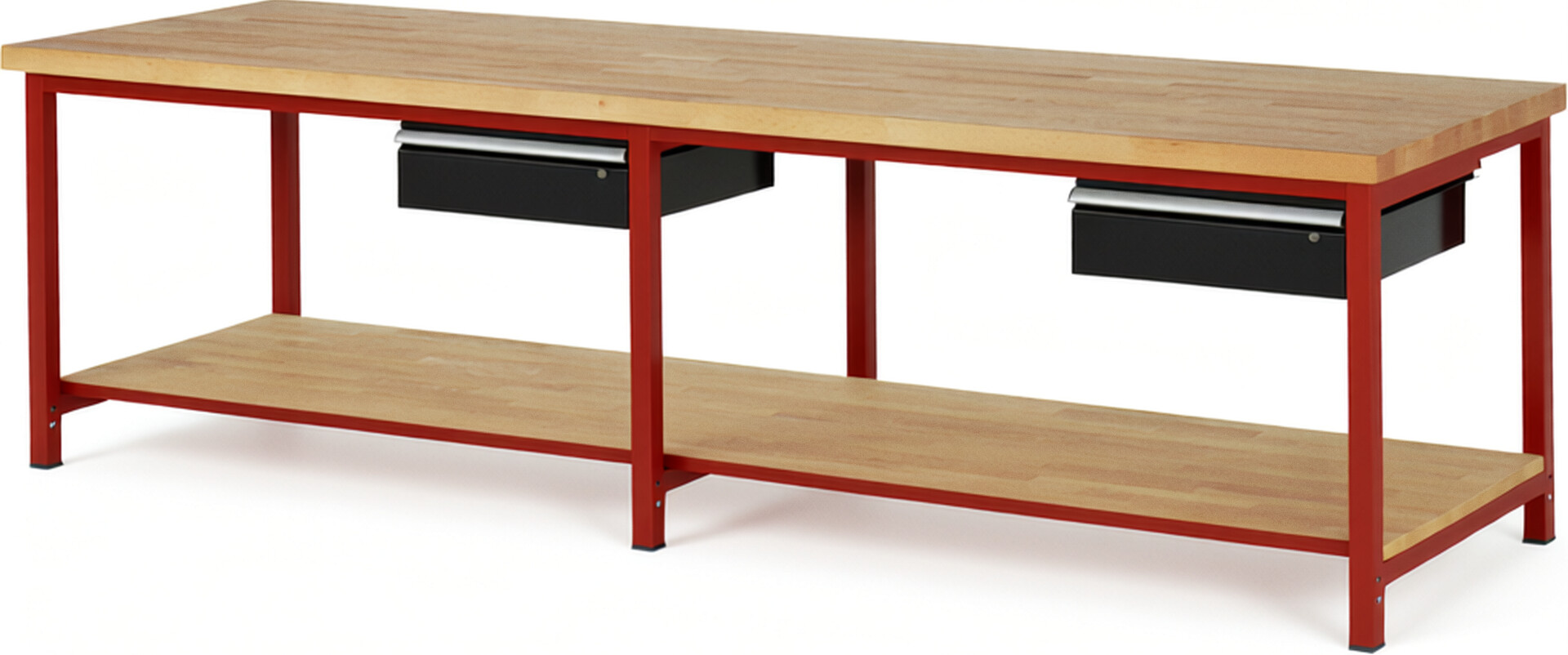 Werkbank Modell 8001 rot - schwarz, BxTxH 3000x900x840-1040 mm,  Buche-Massiv Arbeitsplatte 40 mm,  2 Schubladen mit  Auszug 90 %