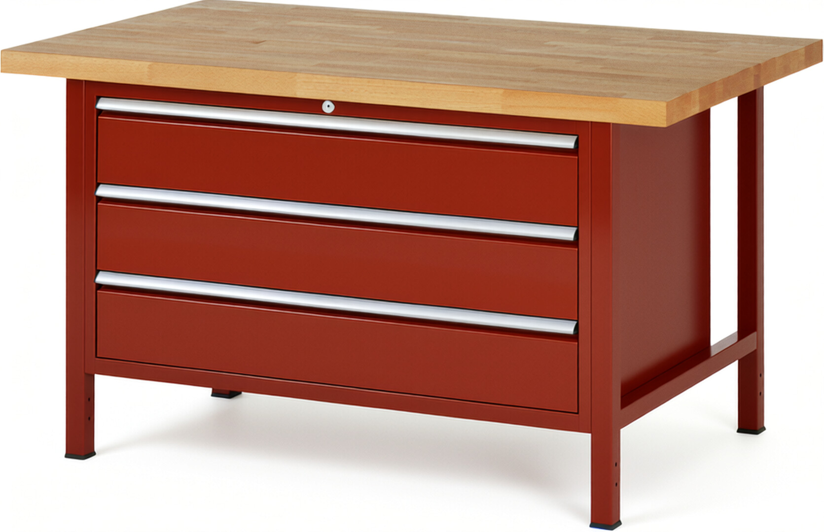 Werkbank Modell 8357 rot, BxTxH 1500x900x840 mm,  Buche-Massiv Arbeitsplatte 40 mm,  3 Schubladen mit  Auszug 90 %