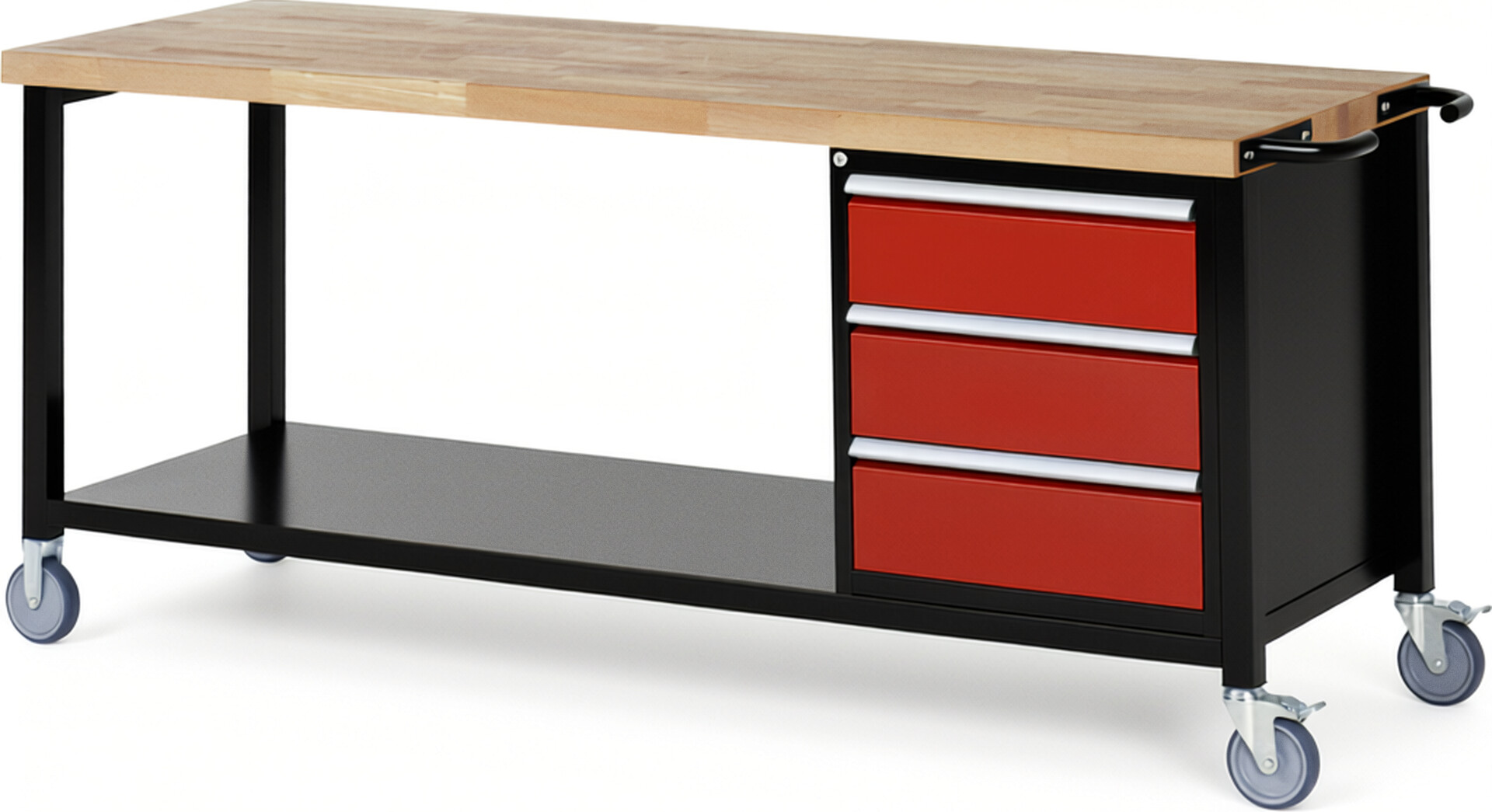 RAU Werkbank schwarz - rot - Breite 200 cm - Tiefe 70 cm - Höhe 108 cm - Buche-Massiv Arbeitsplatte 40 mm