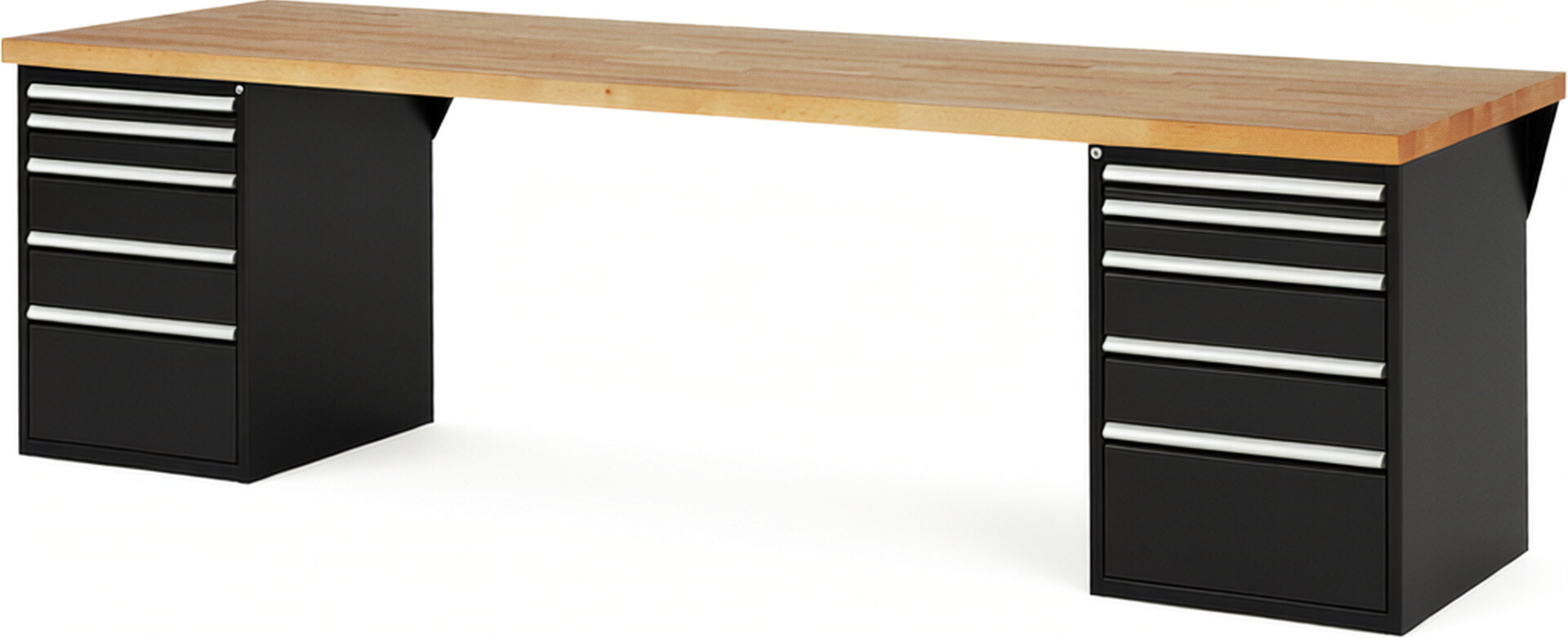 Werkbank Modell 7511 schwarz, BxTxH 3000x900x890 mm,  Buche-Massiv Arbeitsplatte 40 mm,  10 Schubladen mit  Vollauszug 100 % und  SoftClosing