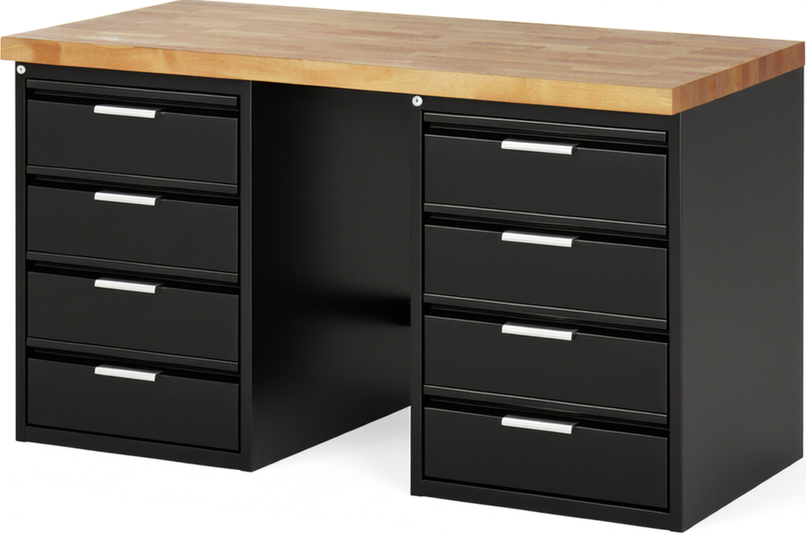 Werkbank - Modell 7509 BASIC schwarz, BxTxH 1500x700x840 mm,  Buche-Massiv Arbeitsplatte 40 mm,  8 Schubladen mit  Auszug 90 %