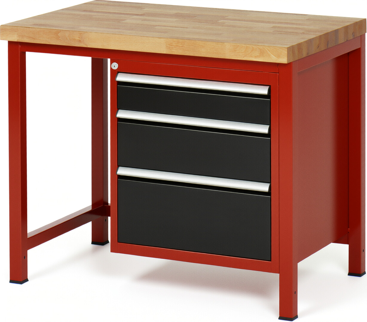 Werkbank Modell 8159 rot - schwarz, BxTxH 1000x700x840-1040 mm,  Buche-Massiv Arbeitsplatte 40 mm,  3 Schubladen mit  Auszug 90 %