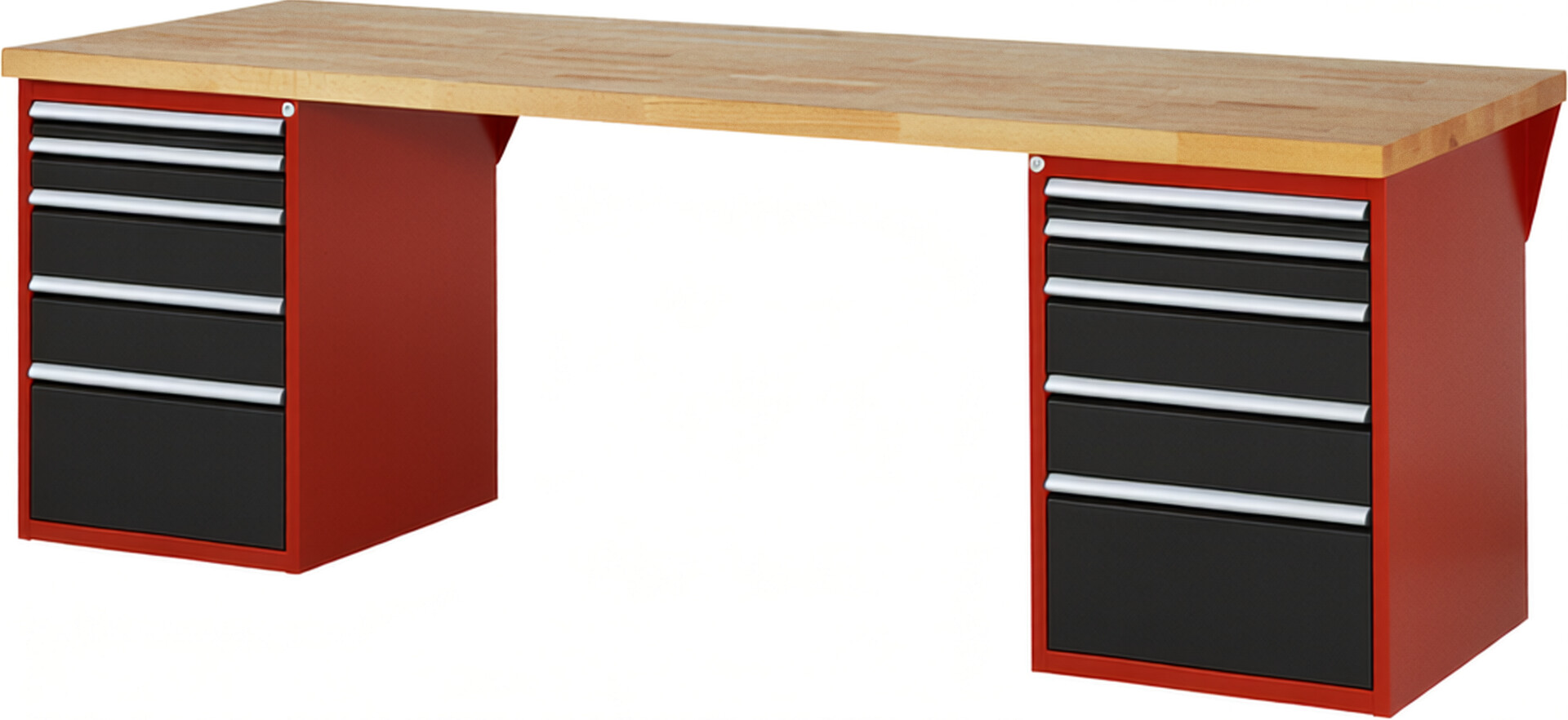 Werkbank Modell 7511 rot - schwarz, BxTxH 2500x900x890 mm,  Buche-Massiv Arbeitsplatte 40 mm,  10 Schubladen mit  Vollauszug 100 % und  SoftClosing
