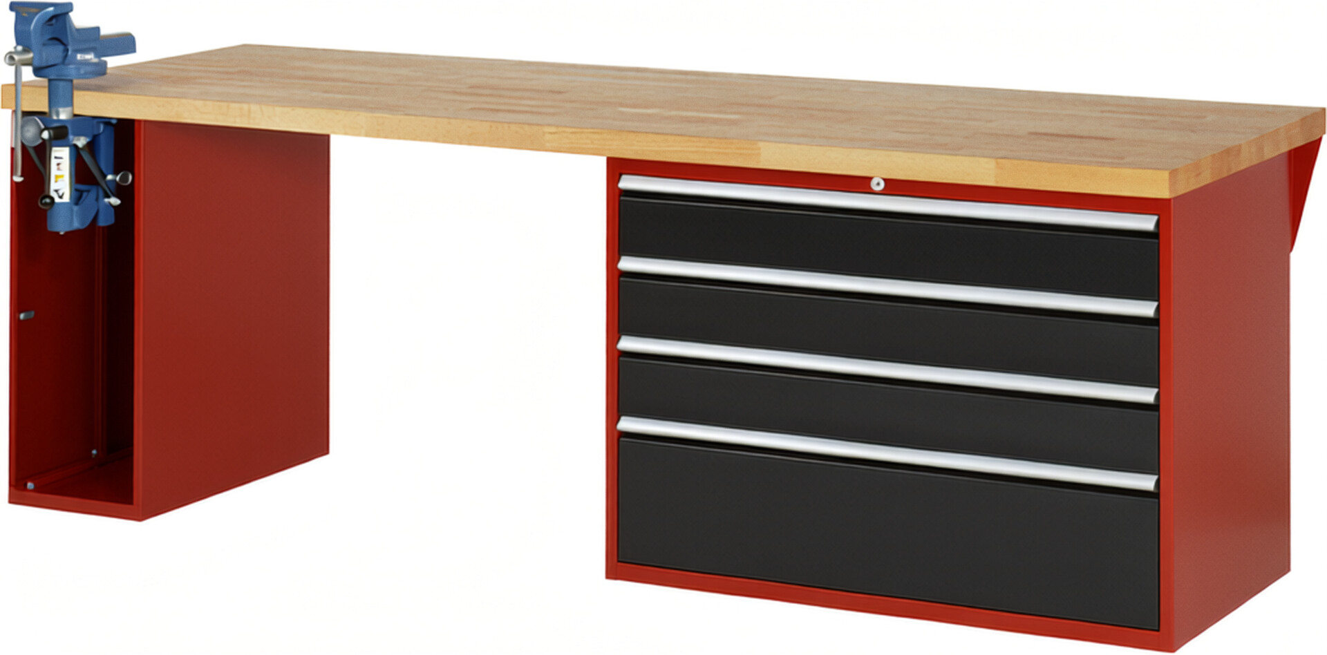 Werkbank Modell 7710 rot - schwarz, BxTxH 2500x900x840 mm,  Buche-Massiv Arbeitsplatte 40 mm,  4 Schubladen mit  Auszug 90 %