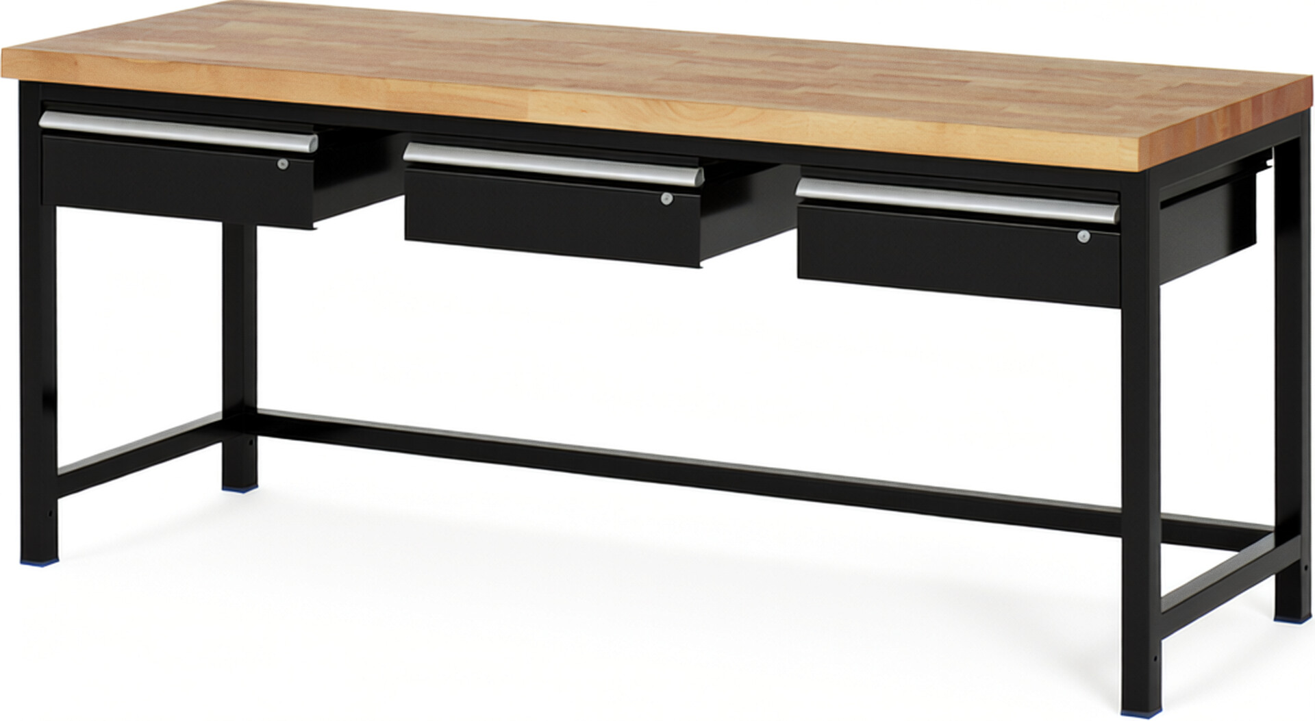 Werkbank Modell 8003 schwarz, BxTxH 2000x700x840 mm,  Buche-Massiv Arbeitsplatte 40 mm,  3 Schubladen mit  Auszug 90 %