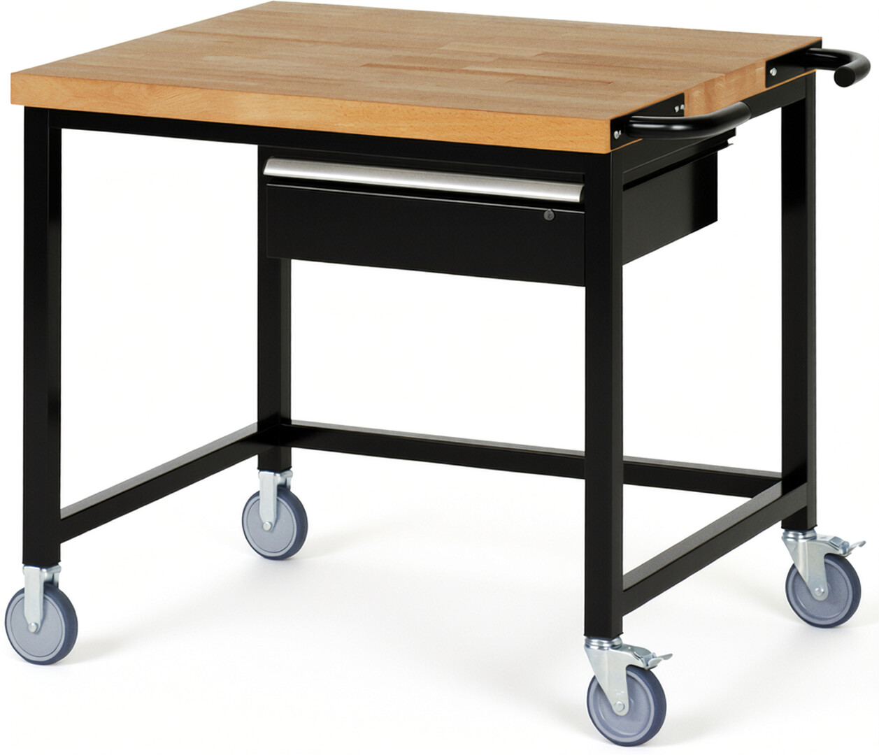 Fahrbare Werkbank Modell 8001 schwarz, BxTxH 1000x900x880-1080 mm,  Buche-Massiv Arbeitsplatte 40 mm,  1 Schublade mit  Auszug 90 %