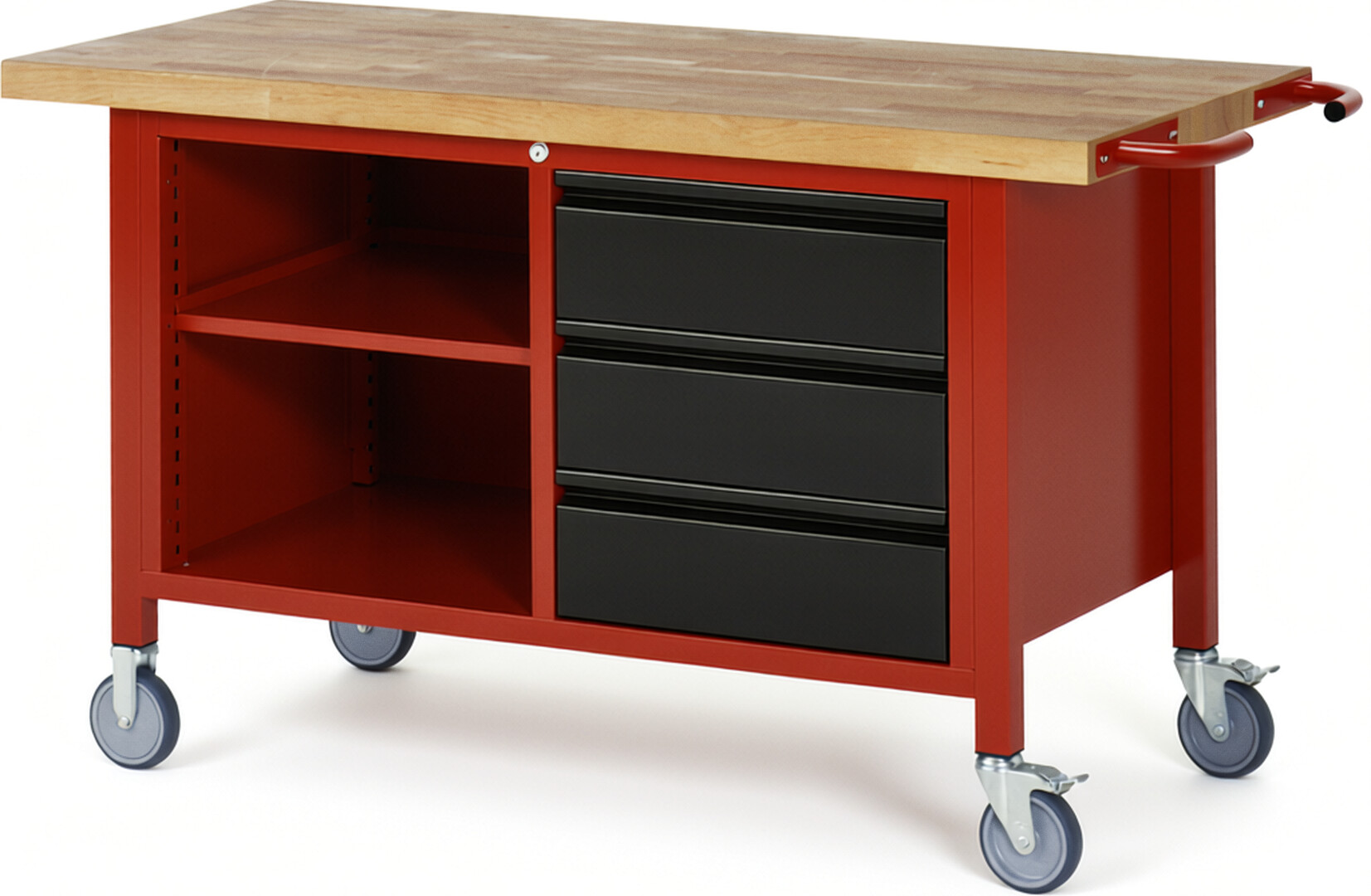 Fahrbare Werkbank - Modell 8462 BASIC rot - schwarz, BxTxH 1500x700x880 mm,  Buche-Massiv Arbeitsplatte 40 mm,  3 Schubladen mit  Auszug 90 %
