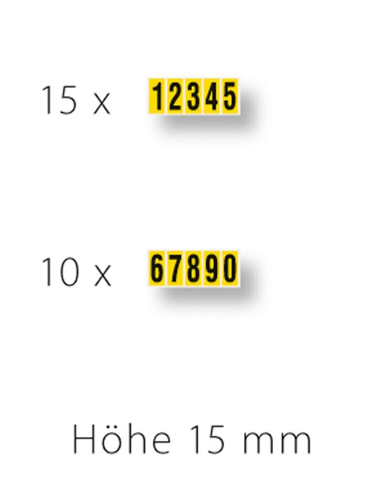 Ziffern 0-9, selbstklebend, Schrifthöhe 15 mm, VE 550 Etiketten mit 66x1-5 und 44x6-0, Schrift schwarz, Etikett gelb