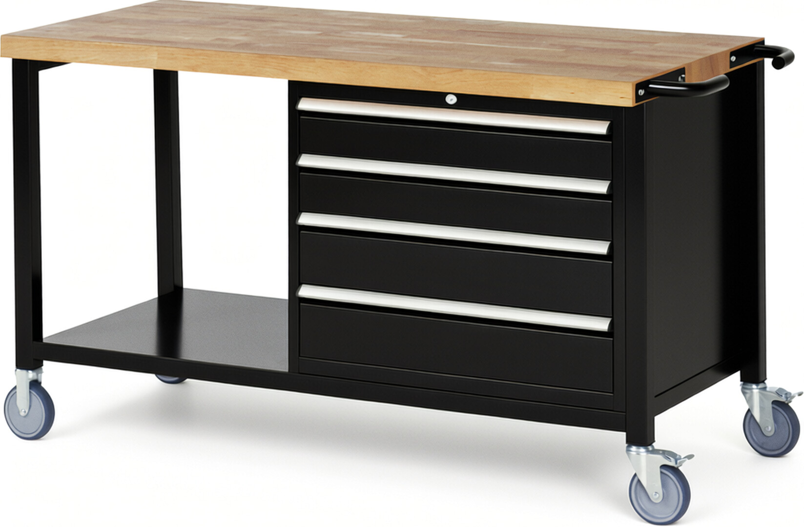 Fahrbare Werkbank Modell 8262 schwarz, BxTxH 1500x700x880-1080 mm,  Buche-Massiv Arbeitsplatte 40 mm,  4 Schubladen mit  Auszug 90 %